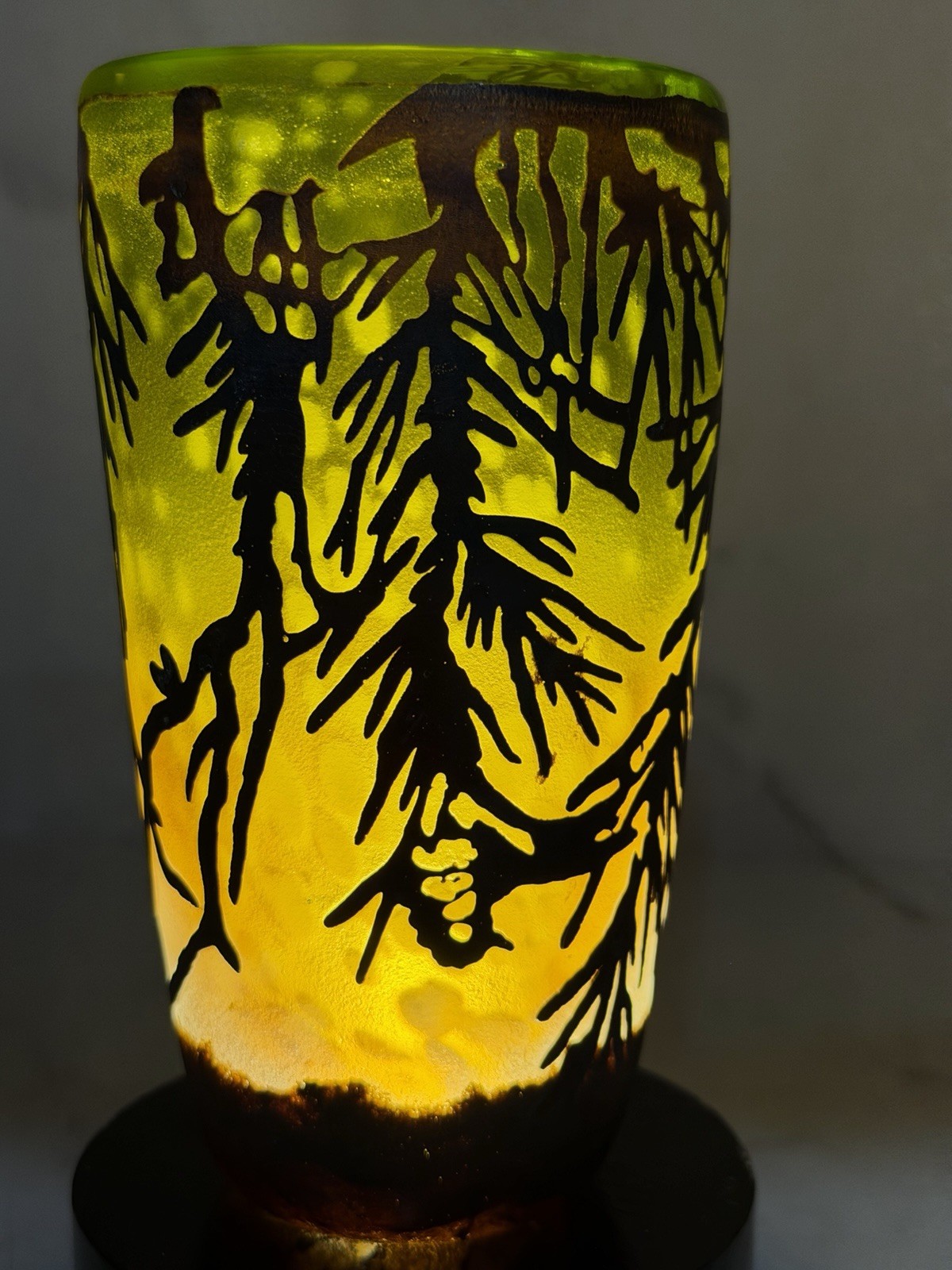 Charles Schneider Inspired Pate Art Deco Cameo Glass Green and Orange Vase