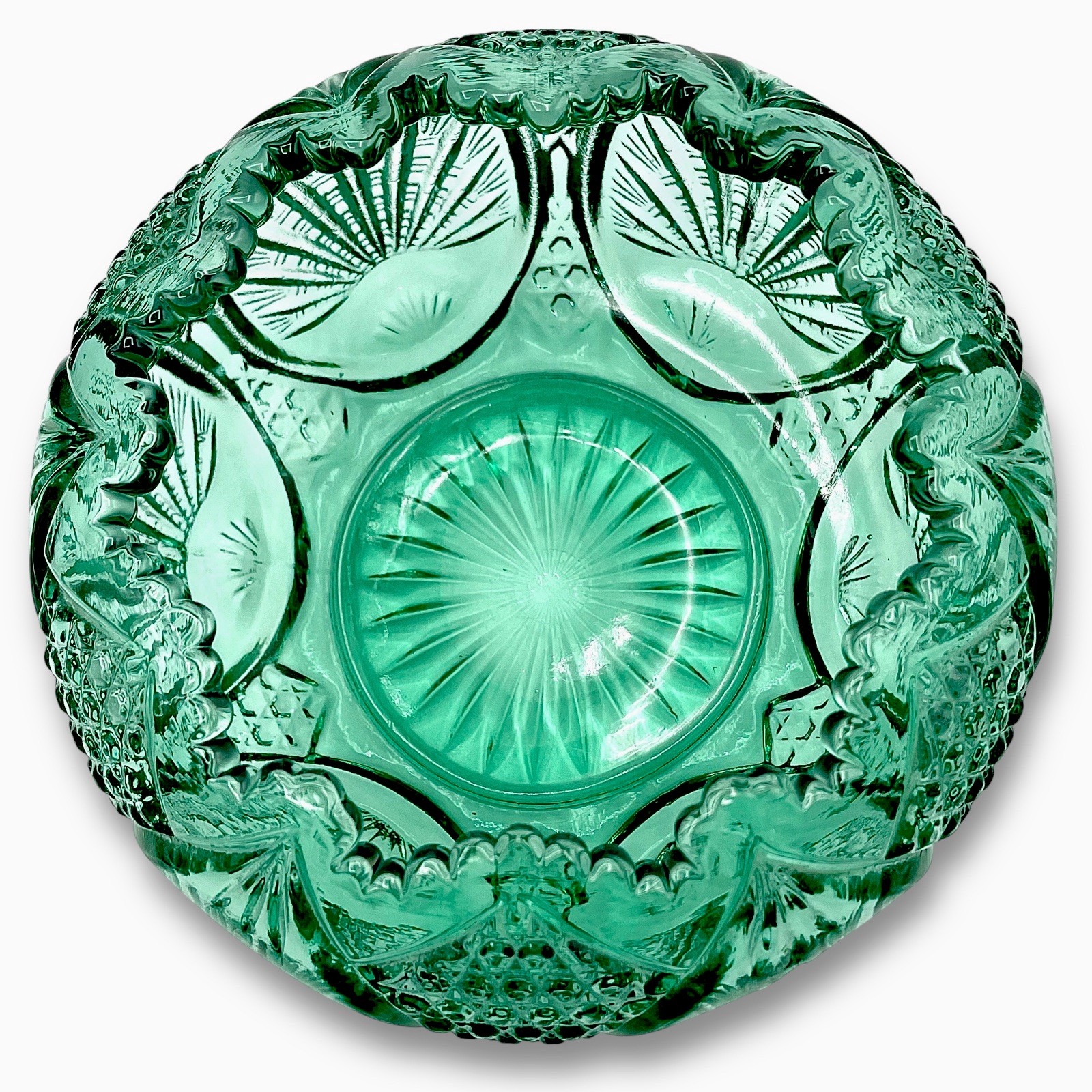 MCM Pressed STARBURST GLASS Rose Vase Hobnails Scalloped Sawtooth Details 6” EUC