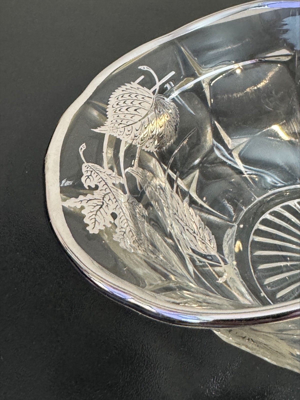 Vintage Cut Crystal Basket Silver Overlay Leaf Design Starburst Base Mid-Century
