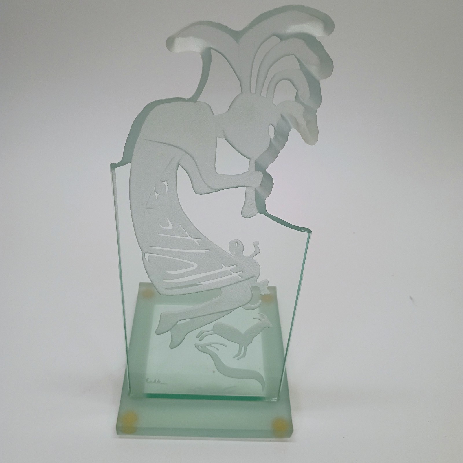 Kokopelli Etched Art Glass Sculpture Pedestal Signed Southwest Native American