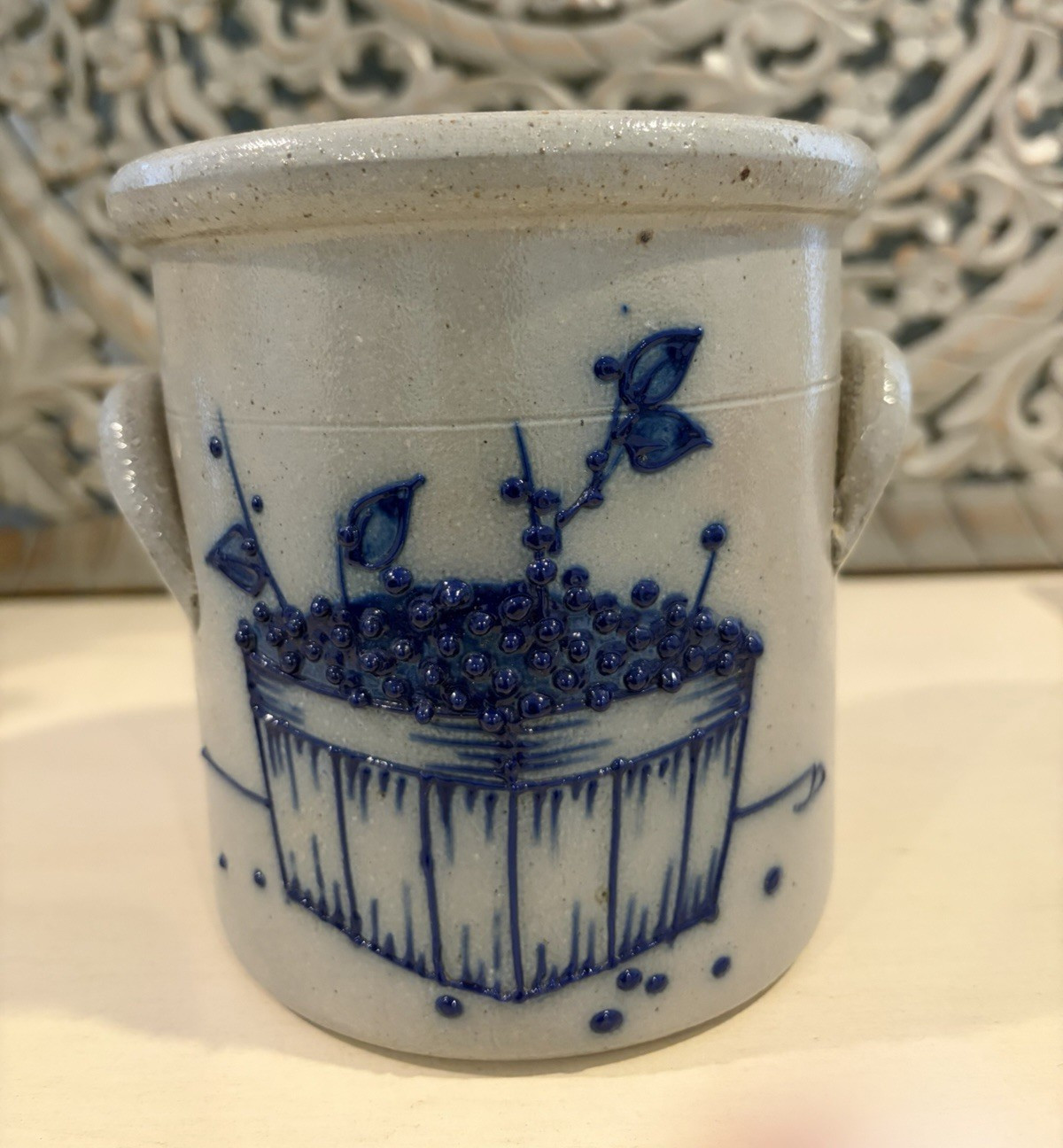 Salmon Falls Stoneware Salt Glaze Crock With Cobalt Blue Blueberry Design