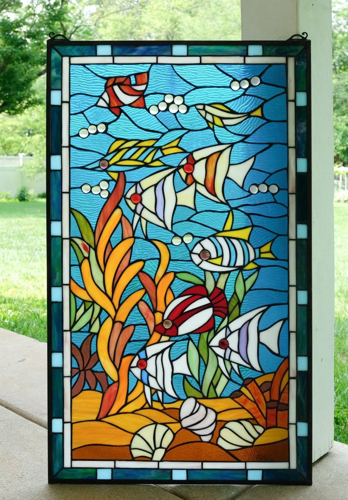 20″ x 33.75″ Tiffany Style stained glass window panel Fish under sea HF109