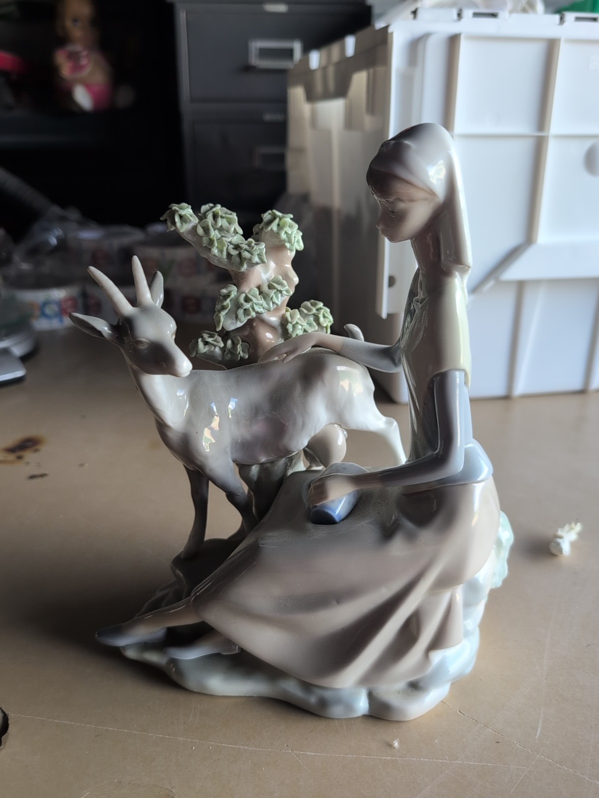Lladró Porcelain Woman with Goat Glossy Decorative Figurine White Beige