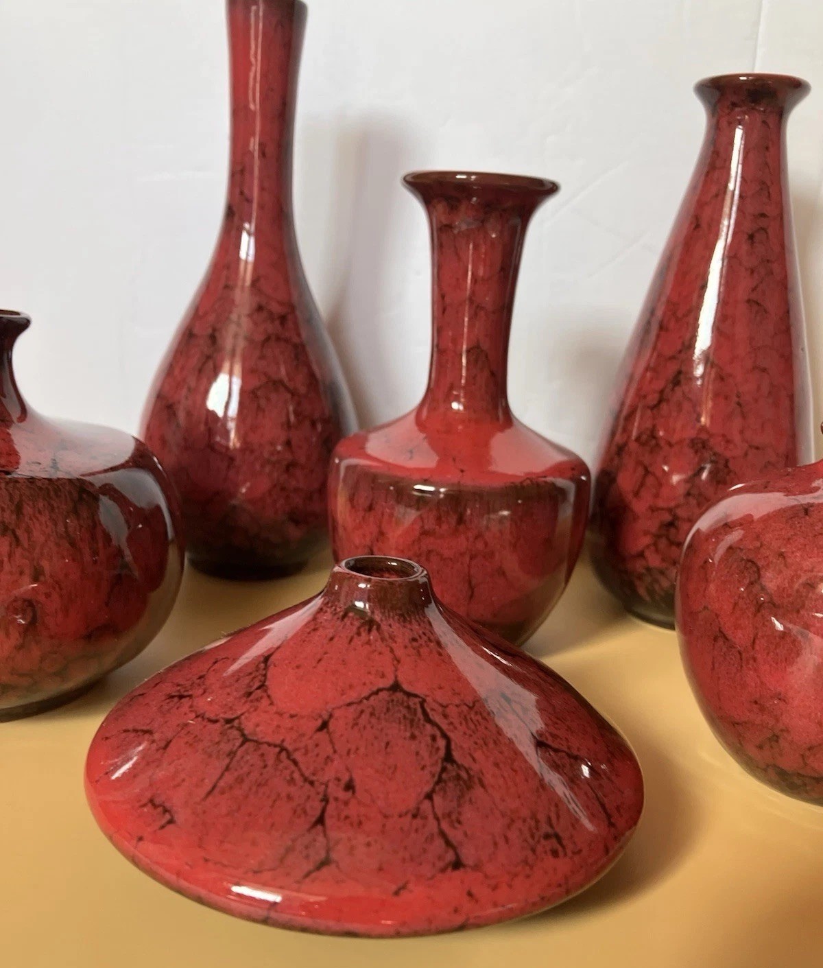 Red And Black Glazed Pottery Small Vases Lot Of 6 Various Sizes And Shapes