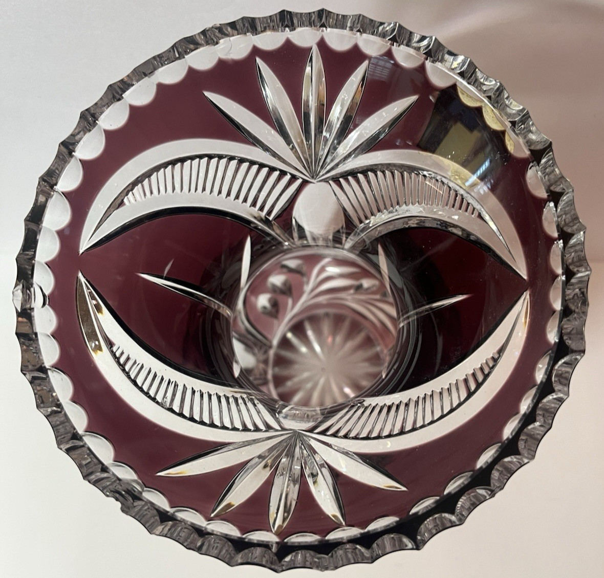 Vintage Arcadia Bohemian Cranberry Hand Cut to Clear Lead Crystal 11.5″ VASE