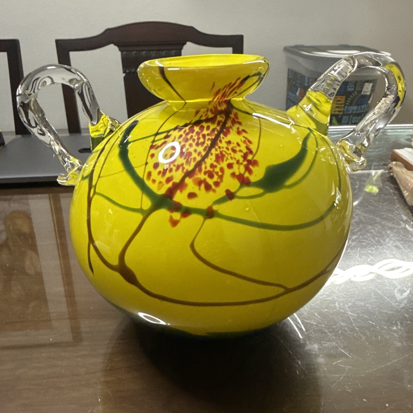 Murano? 2 Handle Jug/Vase 8 1/2″ x 9 1/2″ Yellow/Green/ Red