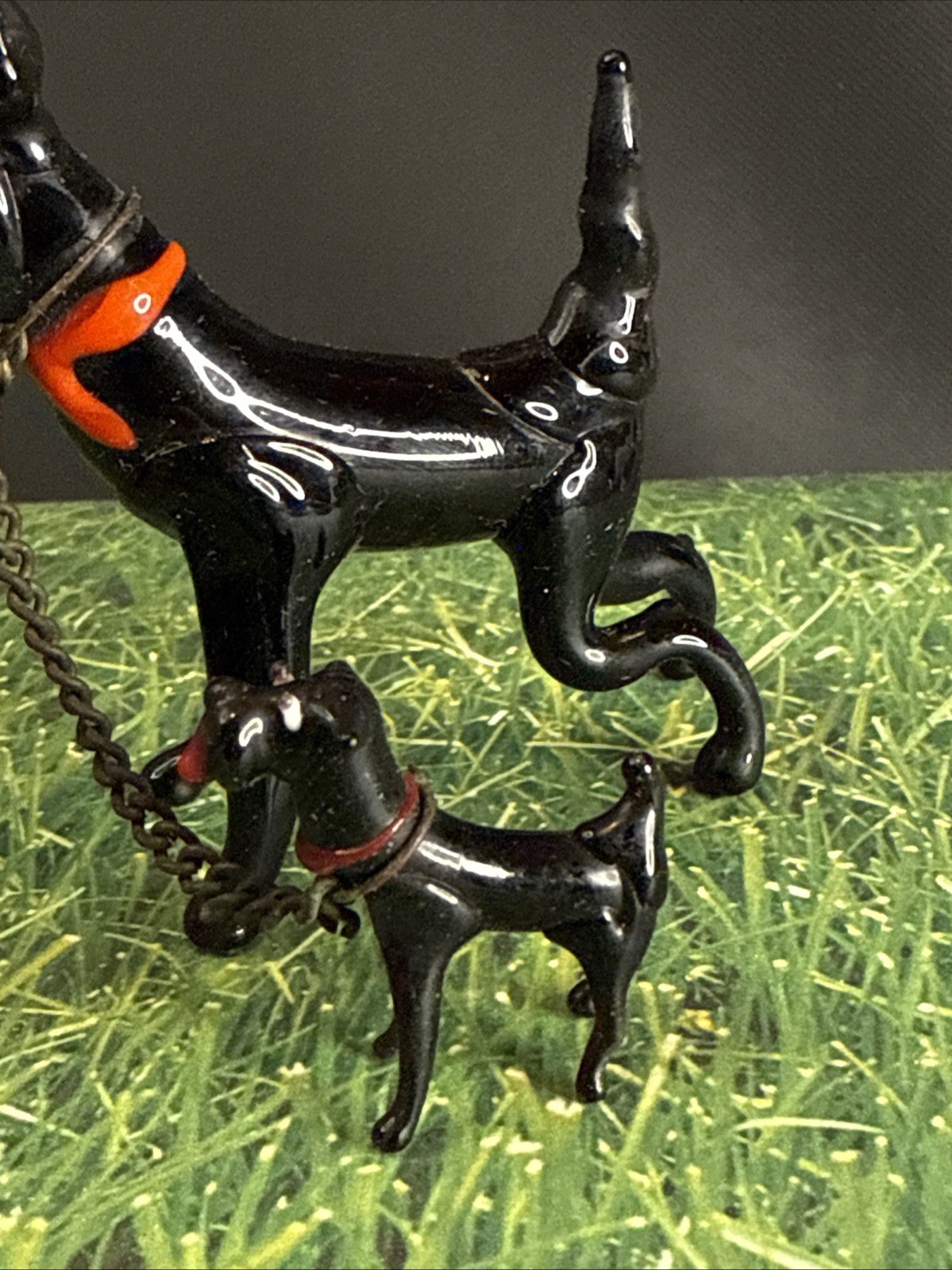 Occupied Japan HandBlown Glass Black Dog Family Of 3 Chains Puppies