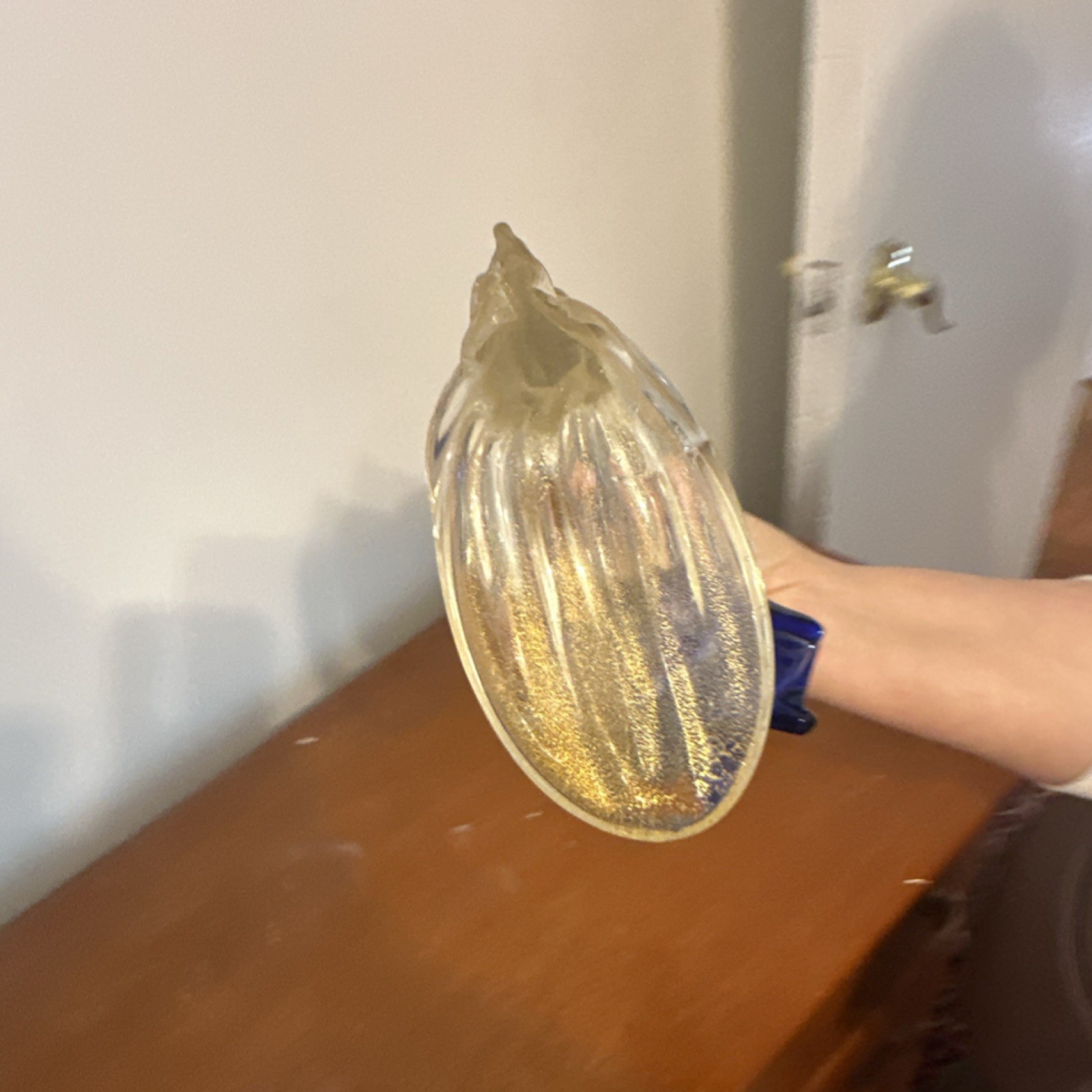 Hand Blown Art Glass Bird Figurine Blue Clear Gold Decorative Glossy Finish
