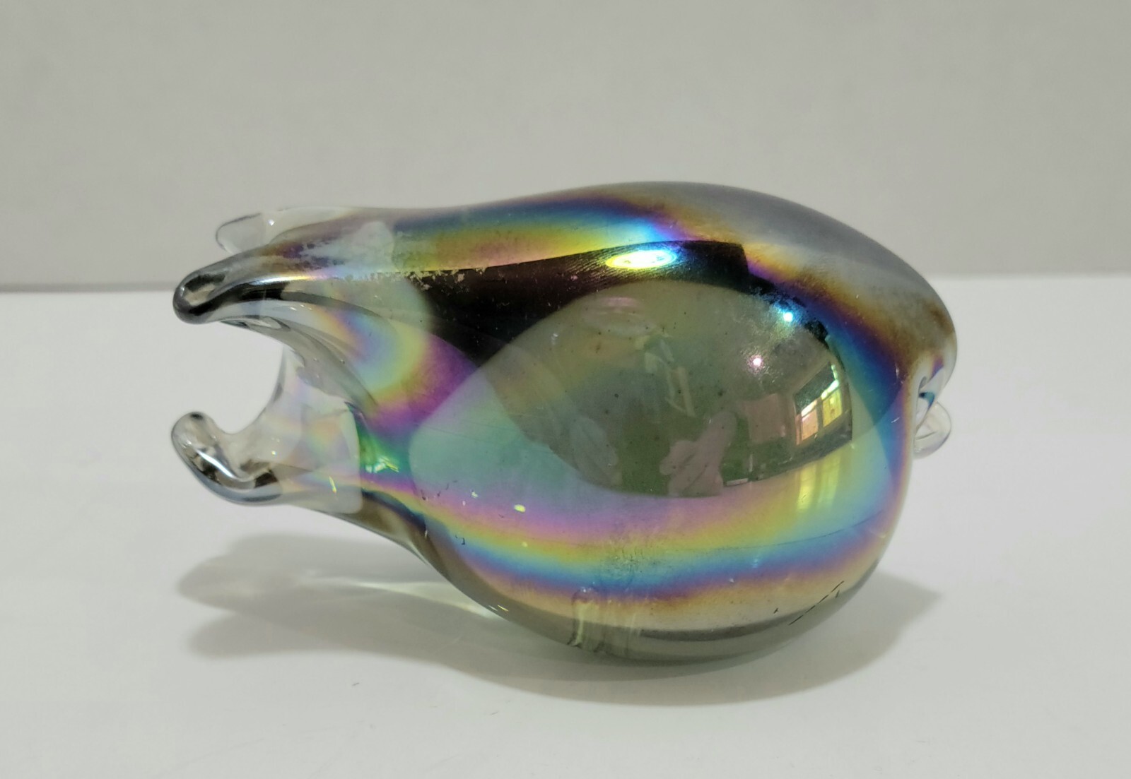 Iridescent Glass Pig Paperweight Unmarked Vintage Rainbow Boar Figurine