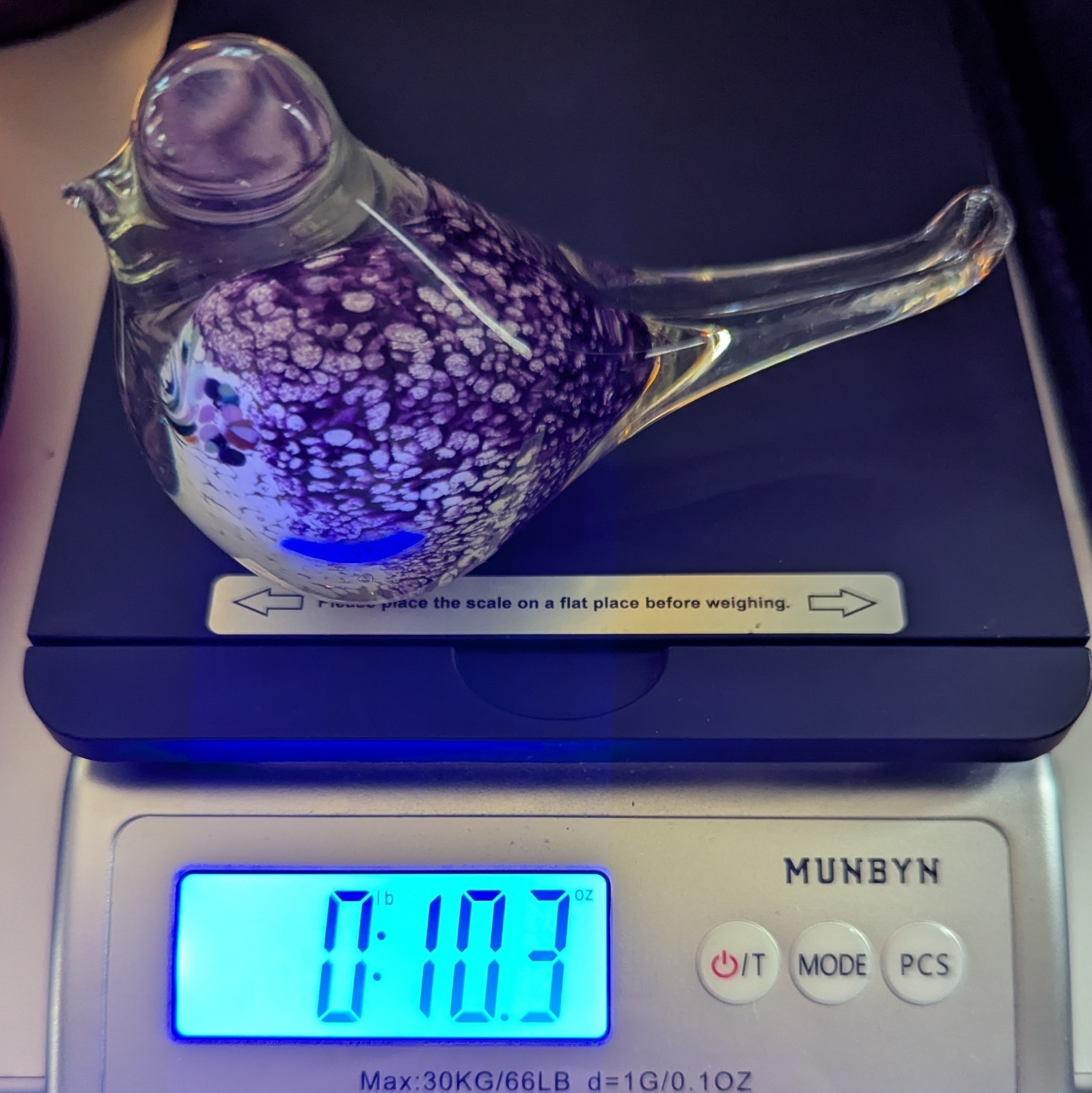 Art Glass Hand Blown Signed Bird Figure JP 94 Purple White Swirl Paperweight