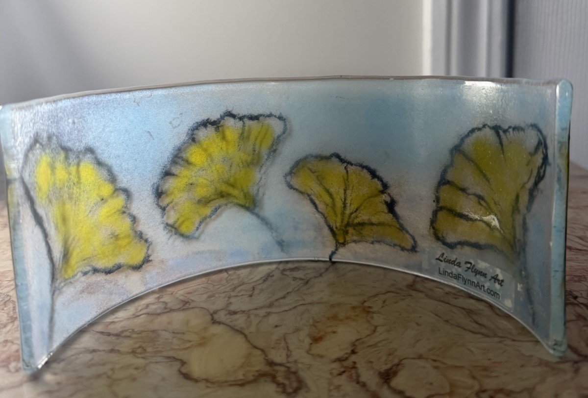 Linda Flynn Ginko Leaves Curved Panel Fused Glass 3 1/2 x 10