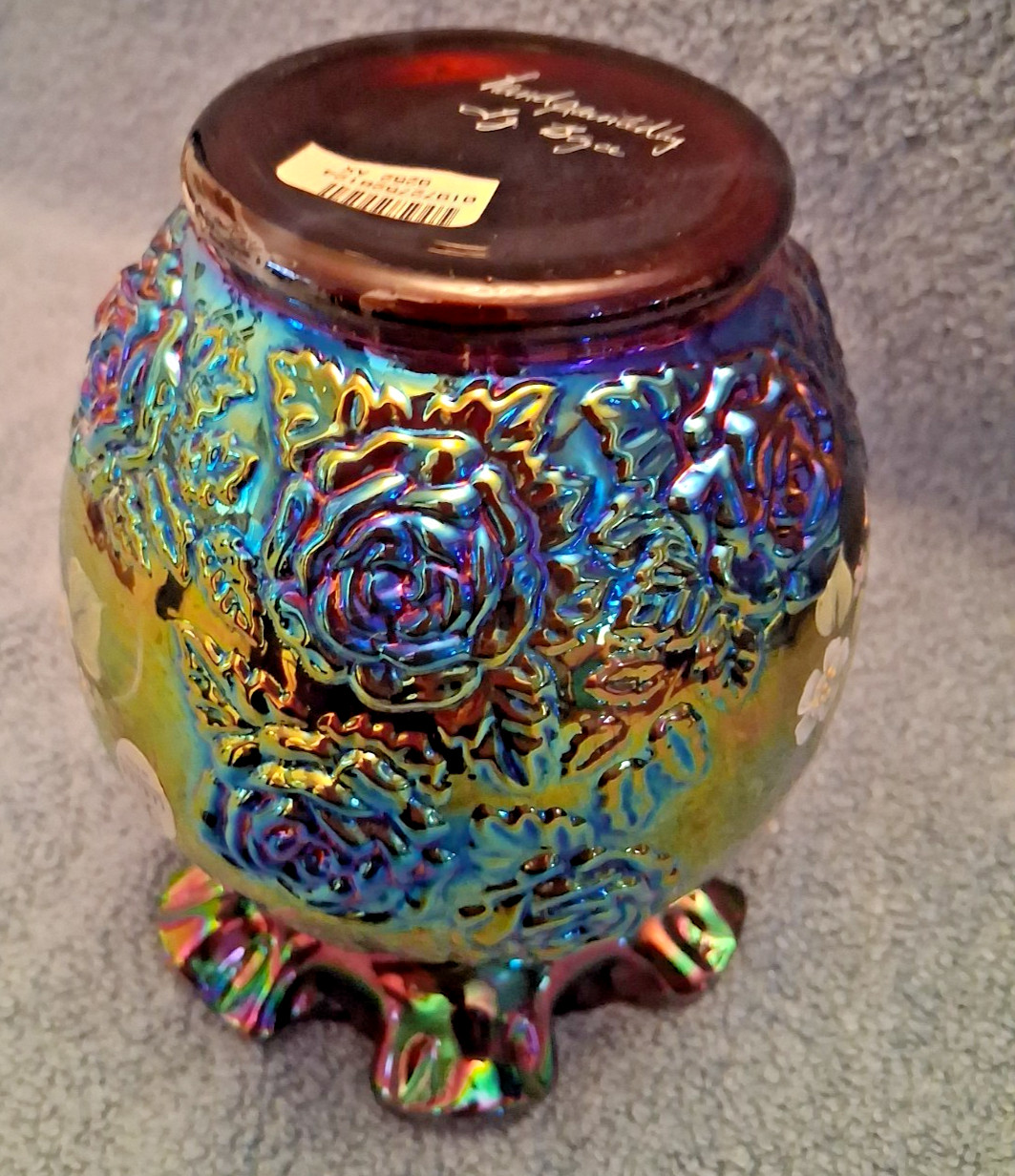 VTG. FENTON PLUM CARNIVAL GLASS VASE WITH RUFFLED TOP & EMBOSSED ROSES **MINT**