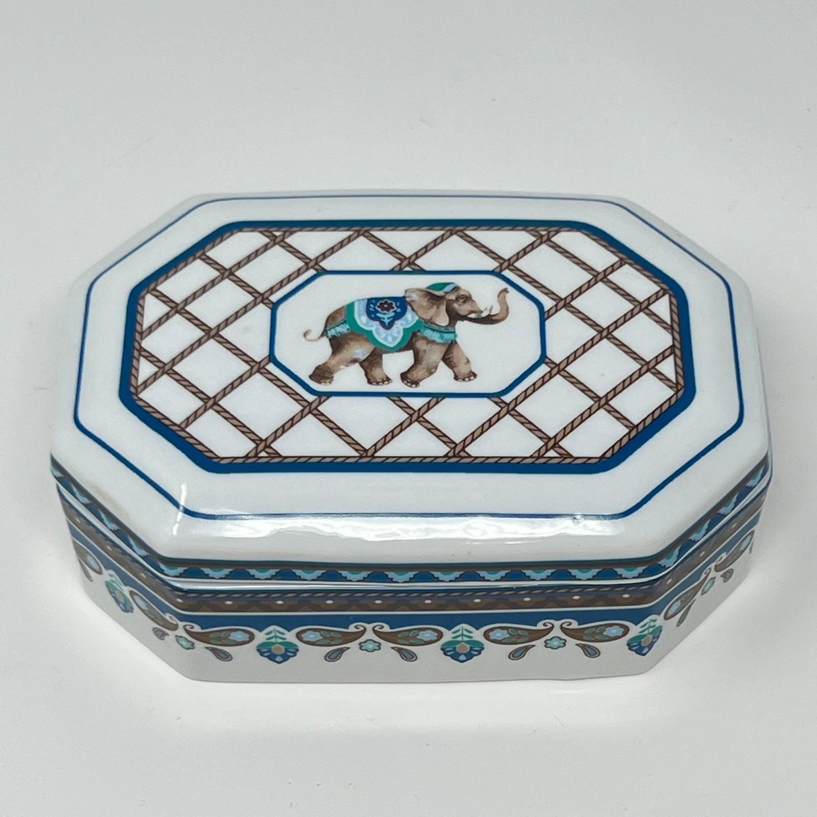 Vera Bradley Andrea Sadek Blue Elephant Lidded Porcelain Trinket Box Chinoiserie