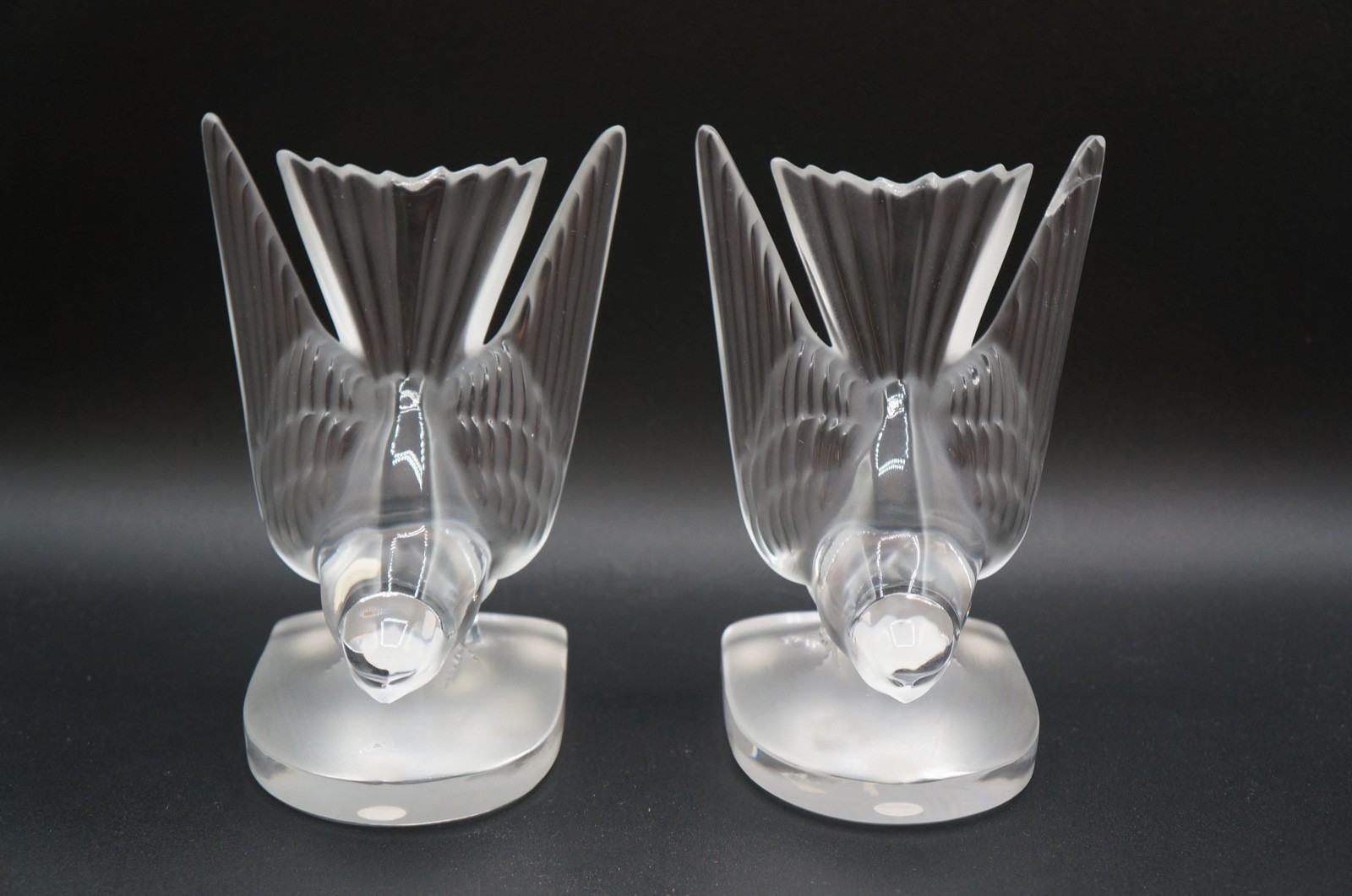 Lalique Crystal Deaux Hirondelles Two Swallows Paperweight Bookends Signed