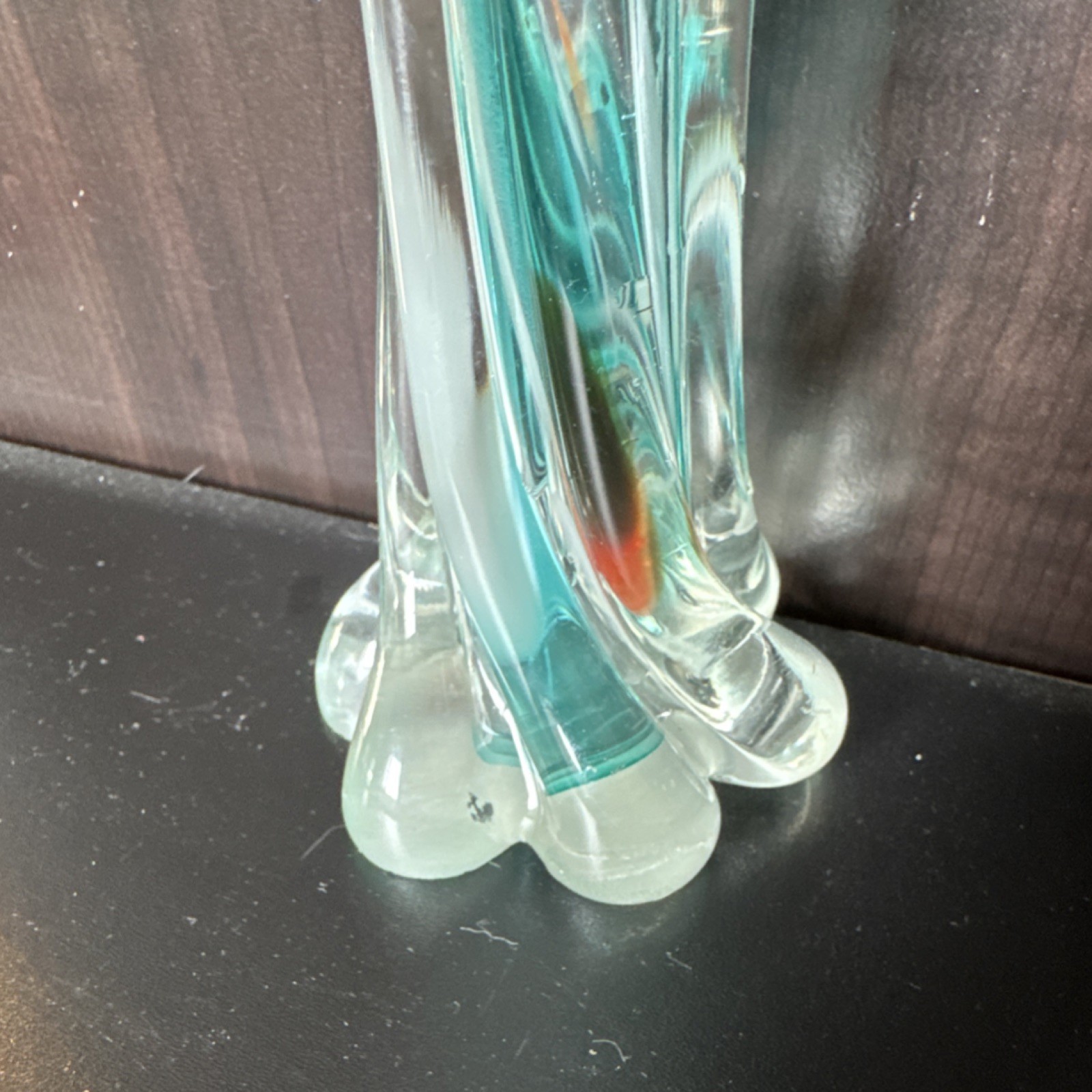 Vintage Murano-style art glass bud vase swirl scalloped teal white orange 7 inch