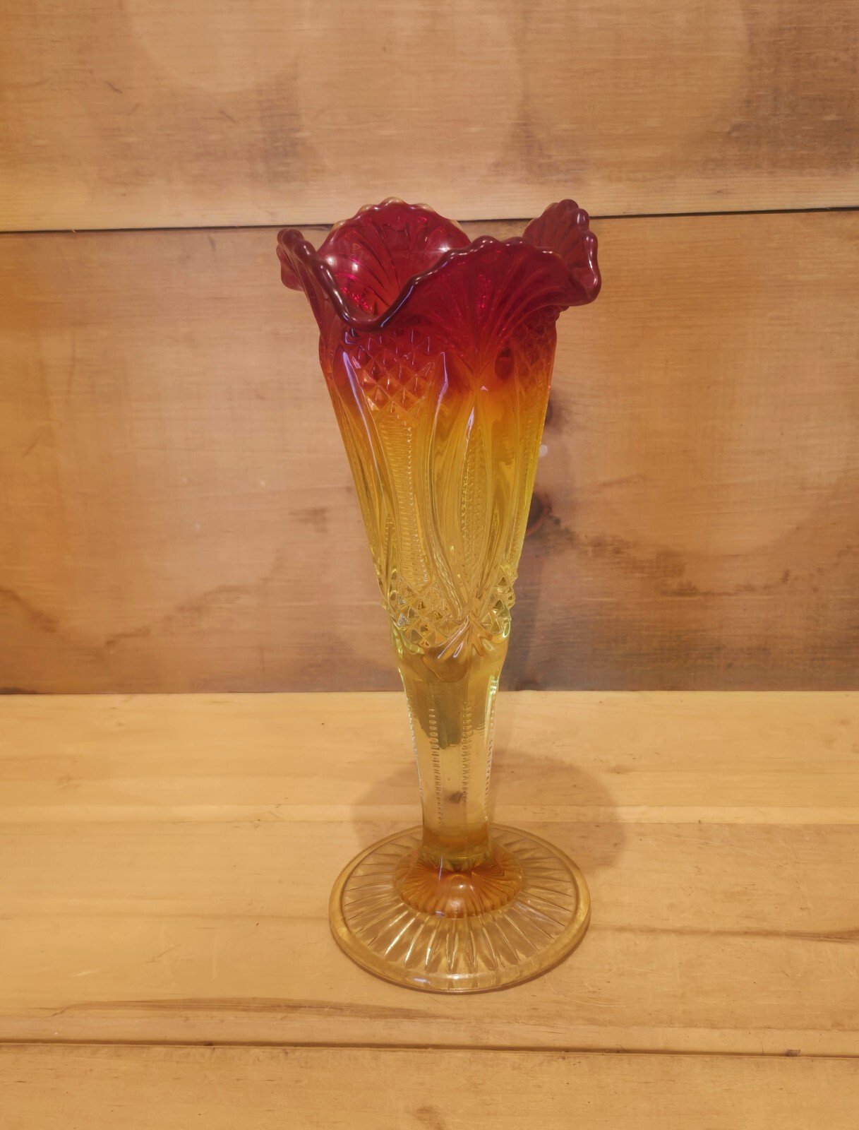 Amberina 10-1/4″H Vase with Multiple Designs. 3-3/4″W x 10-1/4″H. Excellent Cond