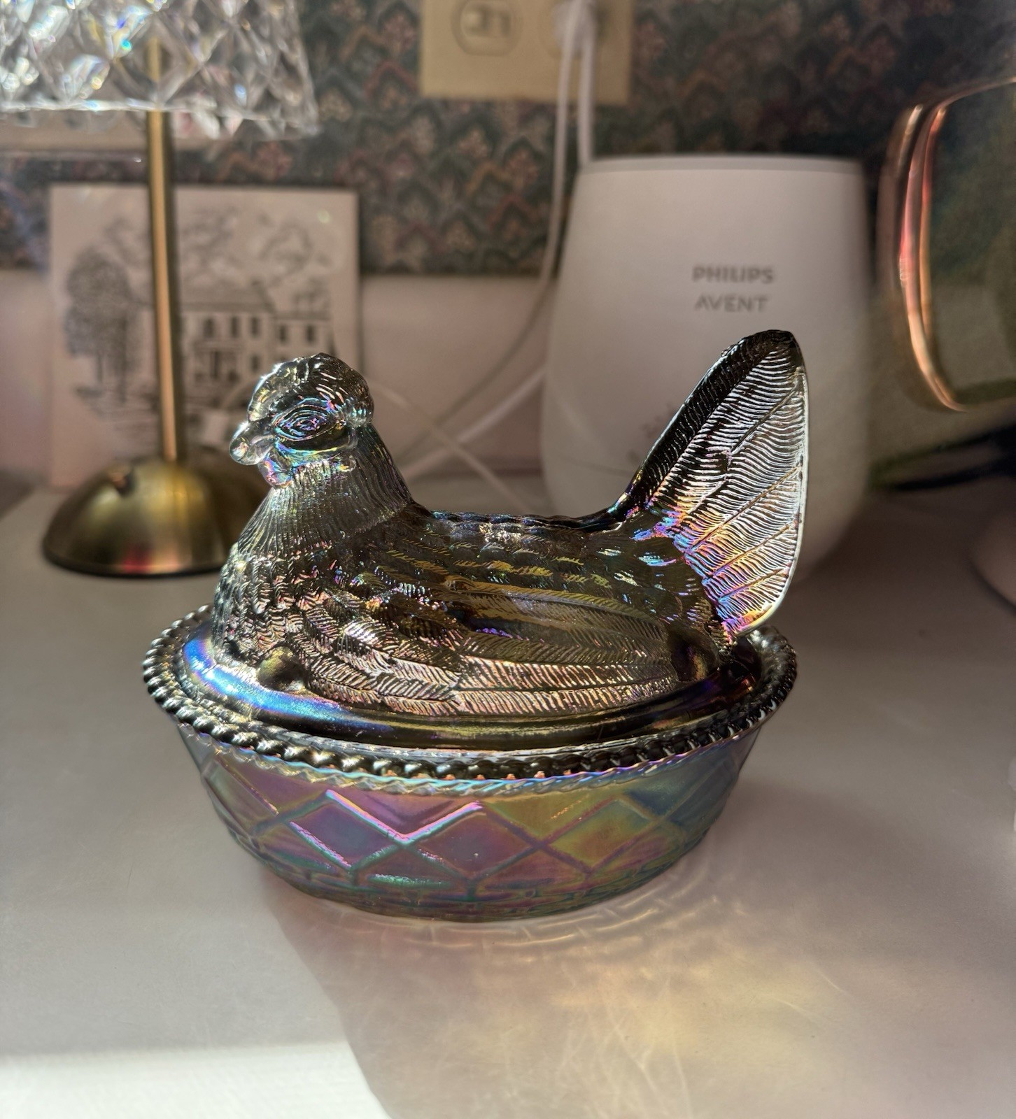5.5” Rosso Westmoreland Smoky Titanium Glass Iridescent Hen on Nest Candy Dish