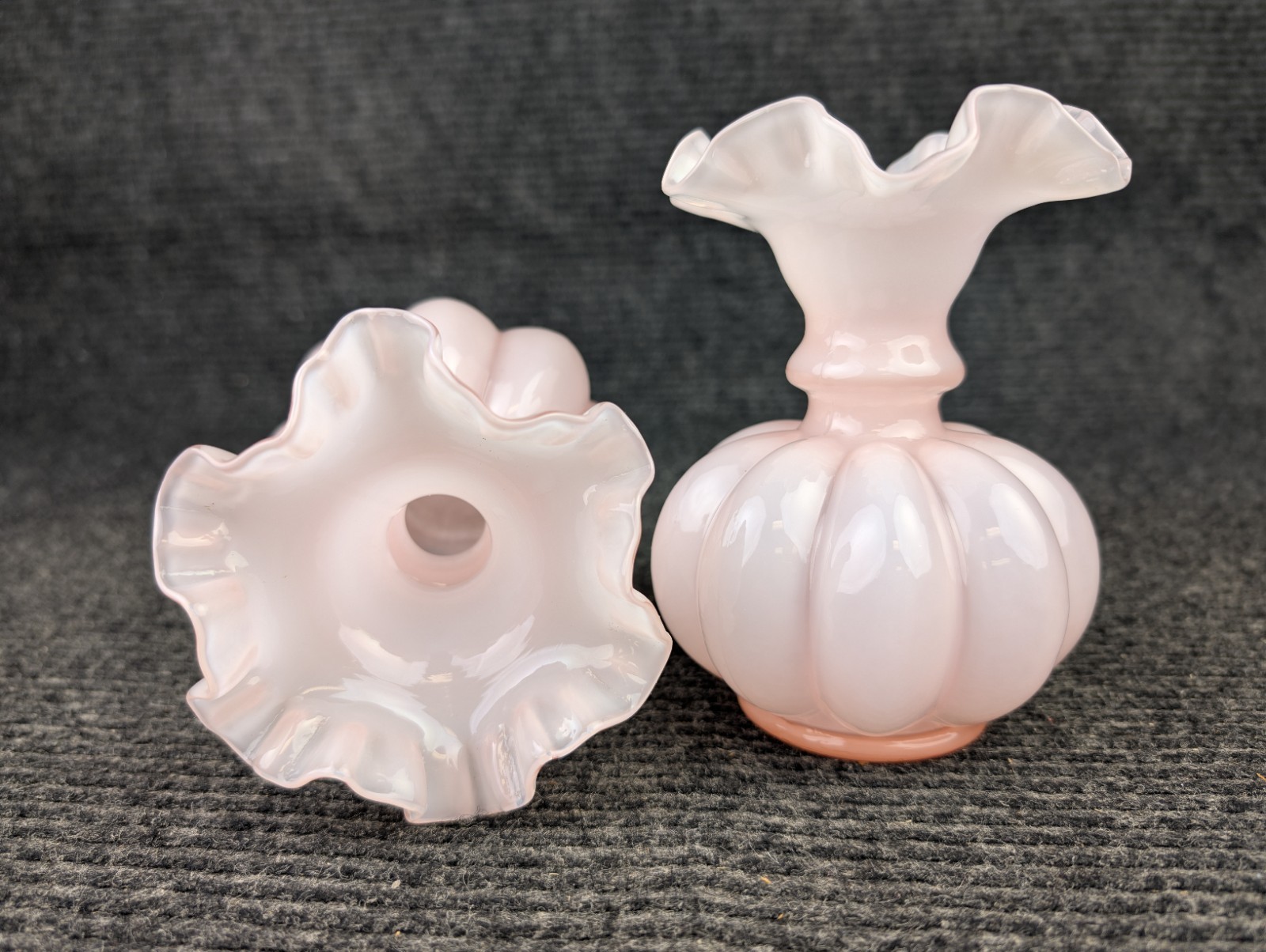 ​2 Vintage Fenton Rosalene Opalescent Pink Melon Vases Crimped Ruffled Rims Pair