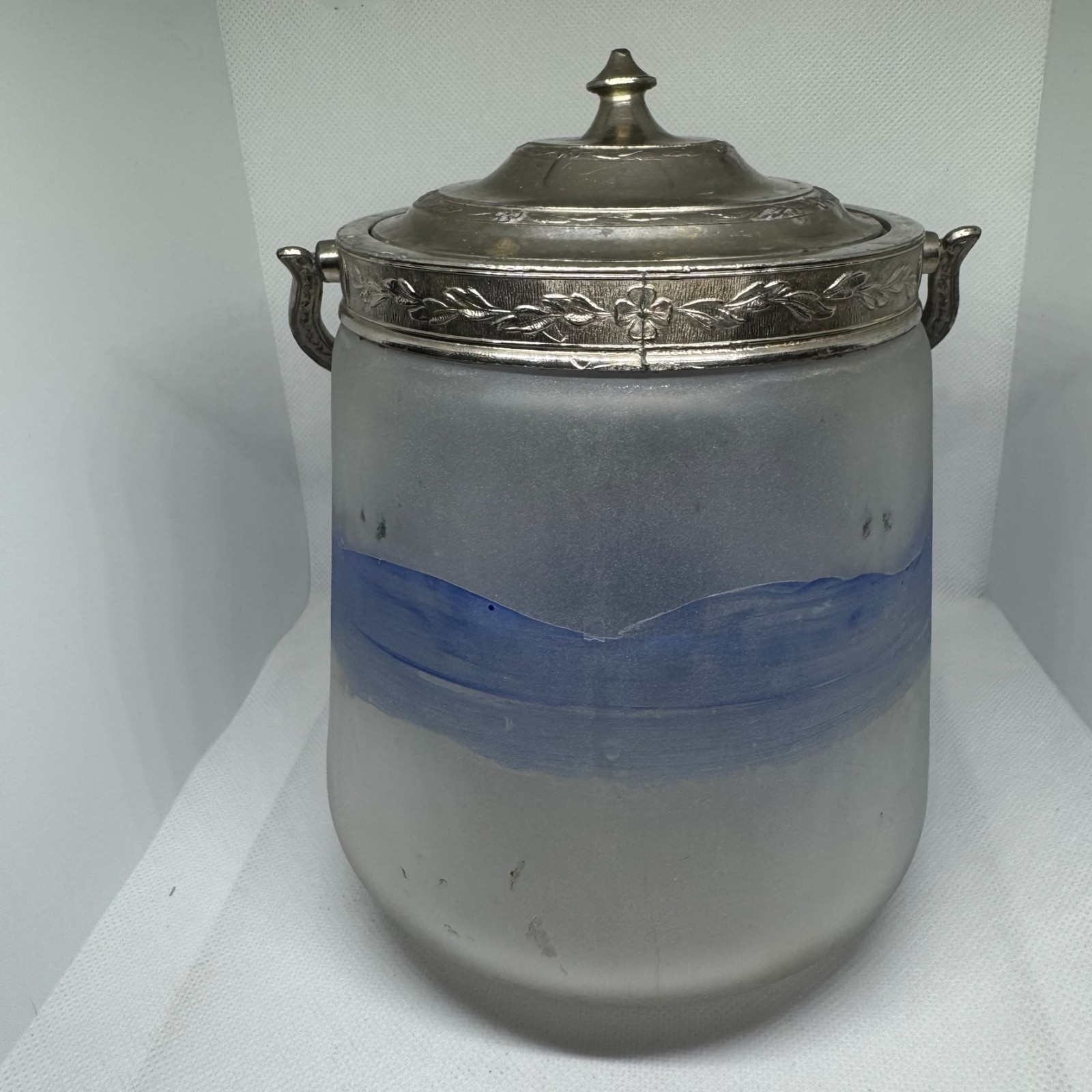 Antique Legras Art Nouveau Biscuit Jar Signed Leg Blue Winter Landscape French