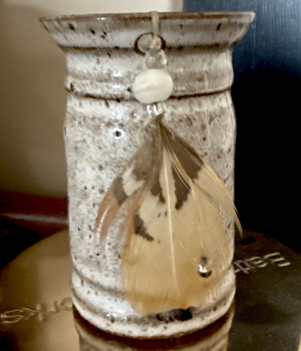 Vintage Ceramic Pottery Vase Earth Tones Marbled look Glaze MCM Feathers Beads.