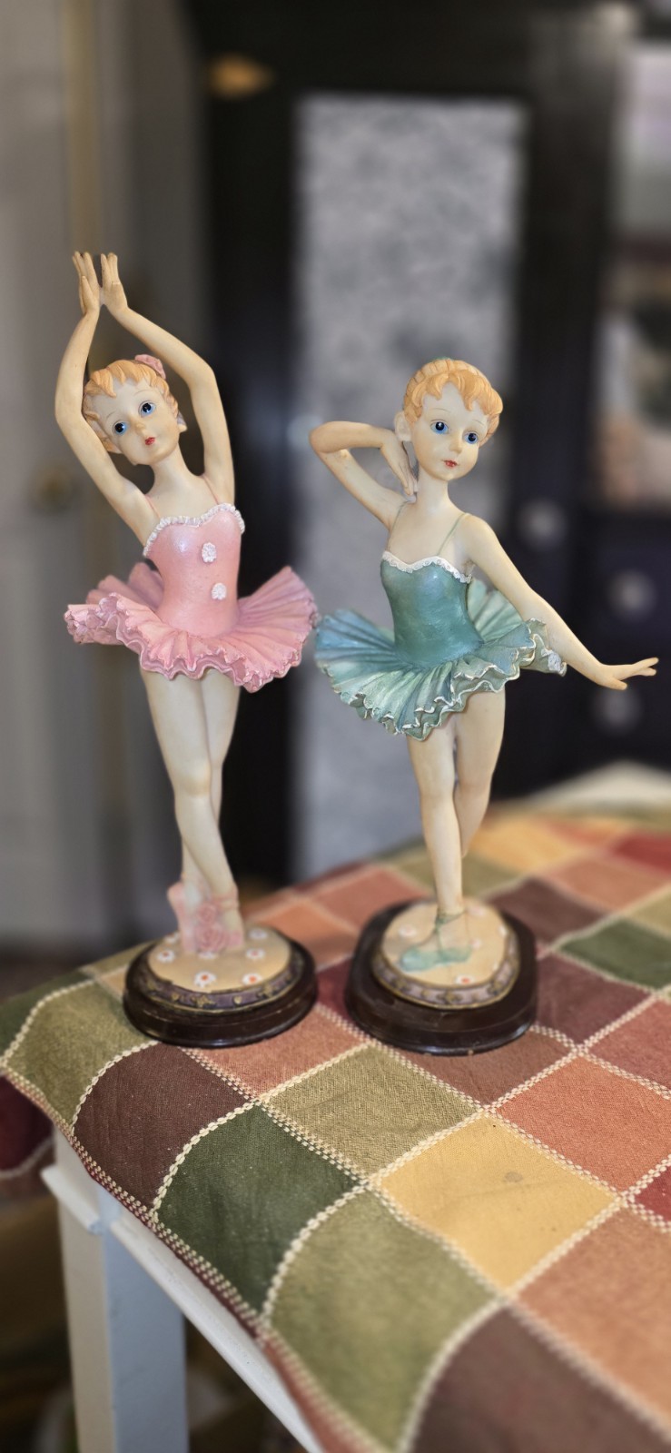 Ceramic Ballerina Figurine Set Hand Painted Pink Blue Glossy Ballet Pottery
