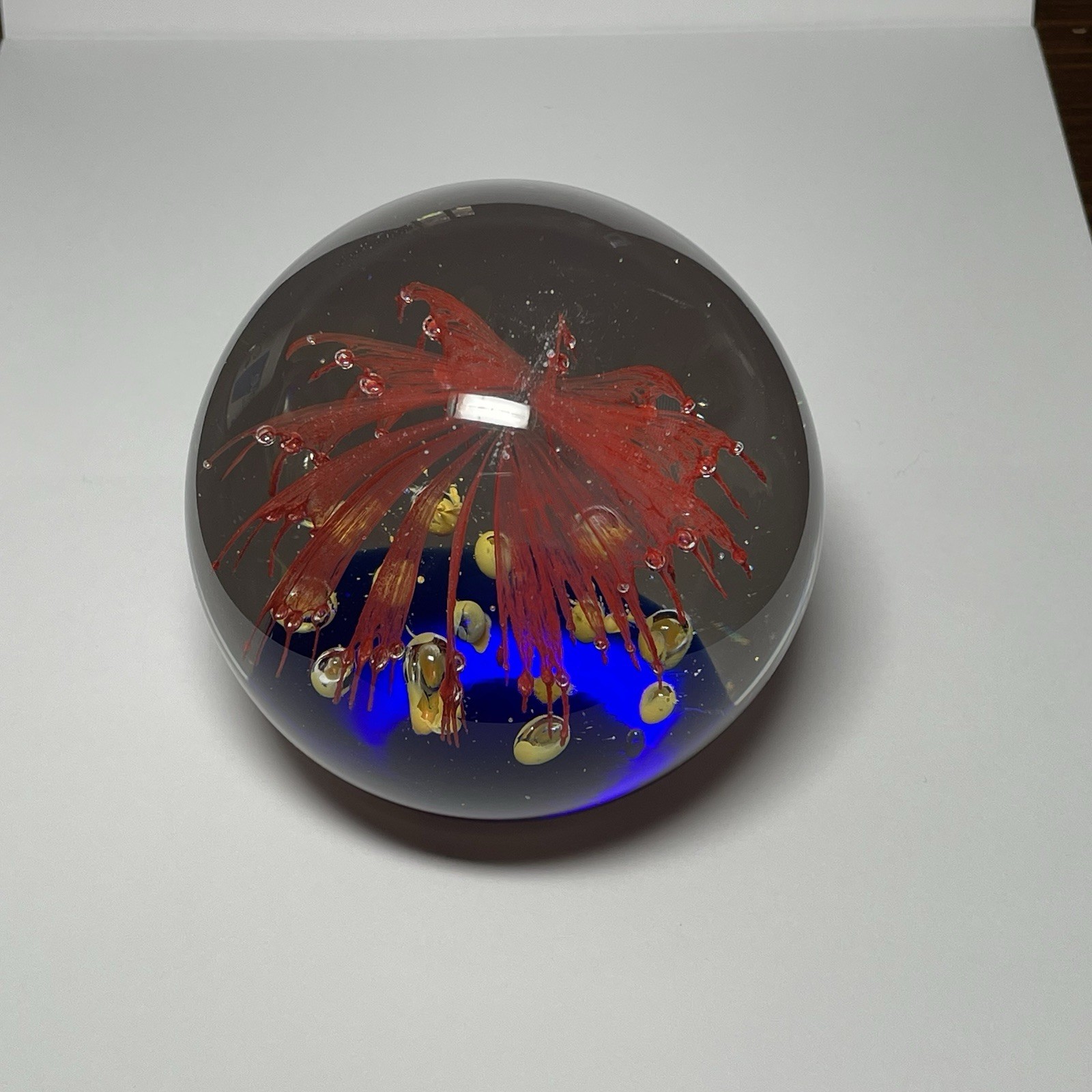 Large Fireworks Paperweight Cobalt Blue Ground Red Yellow Blue Heavy