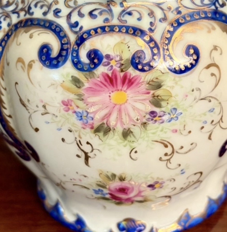 Antique French Hand Painted Porcelain Biscuit Jar w Lid; Blue w flowers & Gold