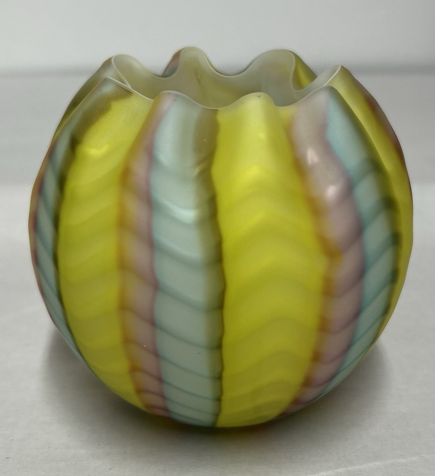 Satin Glass Herringbone Rose Bowl Pink Yellow Blue Stripes 3.25 inches Tall