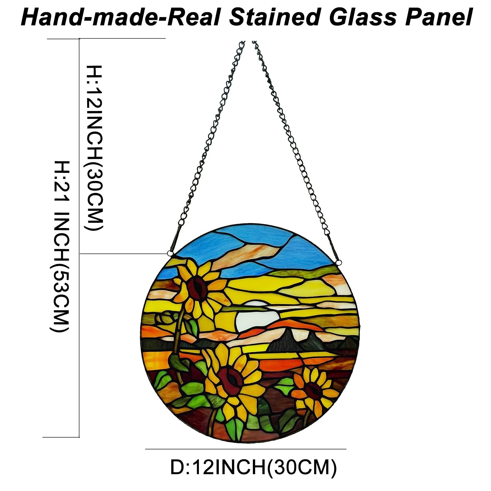 Handmade Sunflower Stained Glass Window Panel, Round Sun Catcher, 12″x12″ Decor