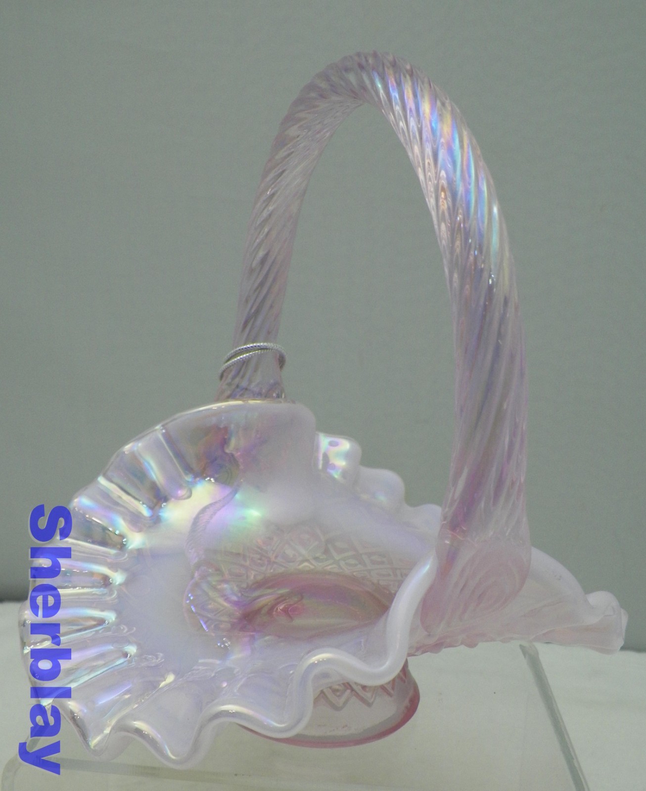 Vintage Mini Fenton Art Glass Pink Lavender Opalescent Basket Ruffled Candy Dish