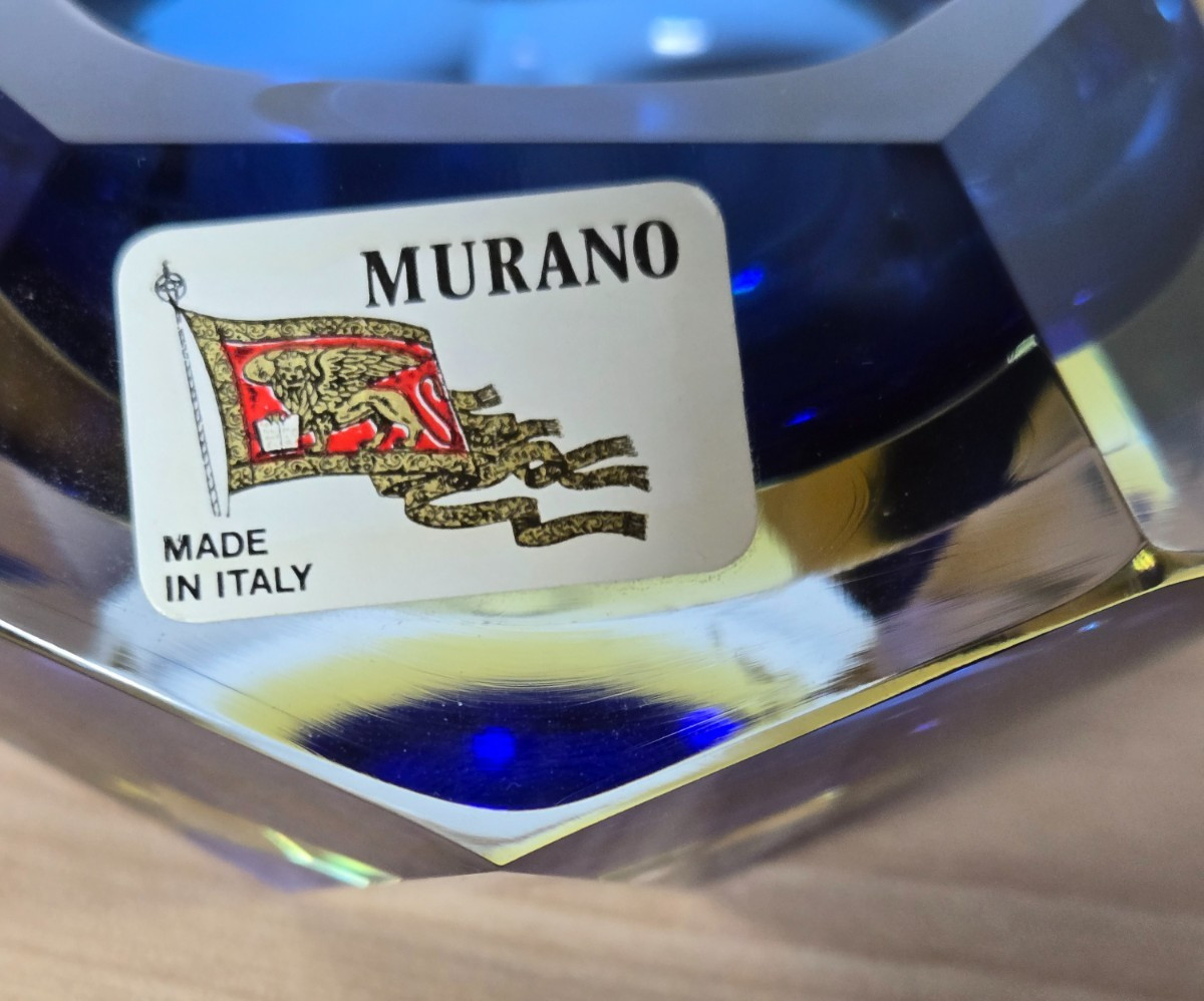Vintage Murano Italy Faceted Art Glass Bowl Blue Amber Sommerso Label 4.7″