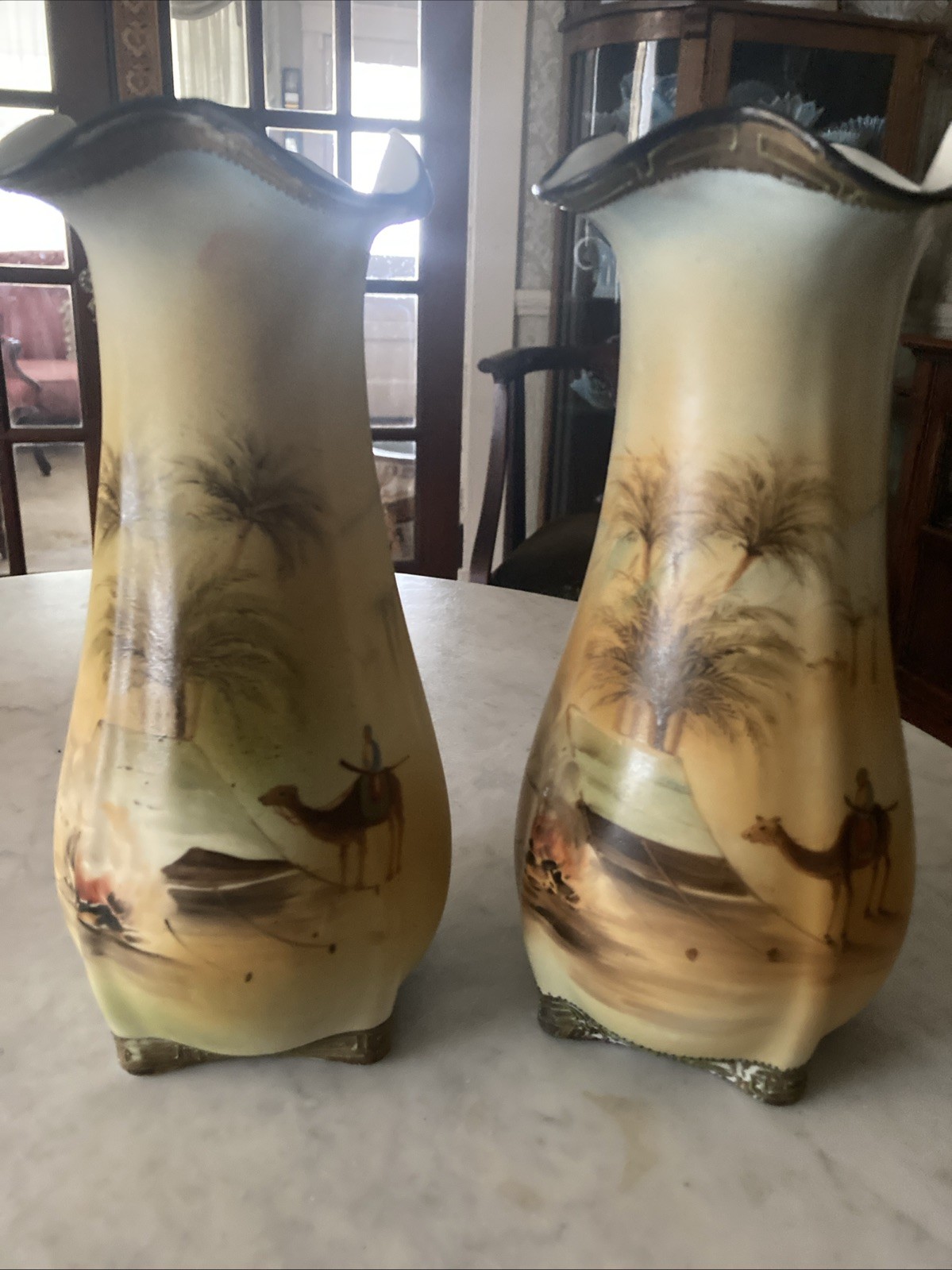 imperial nippon porcelain hand painted With Camel Desert Scene pair 10” Vases