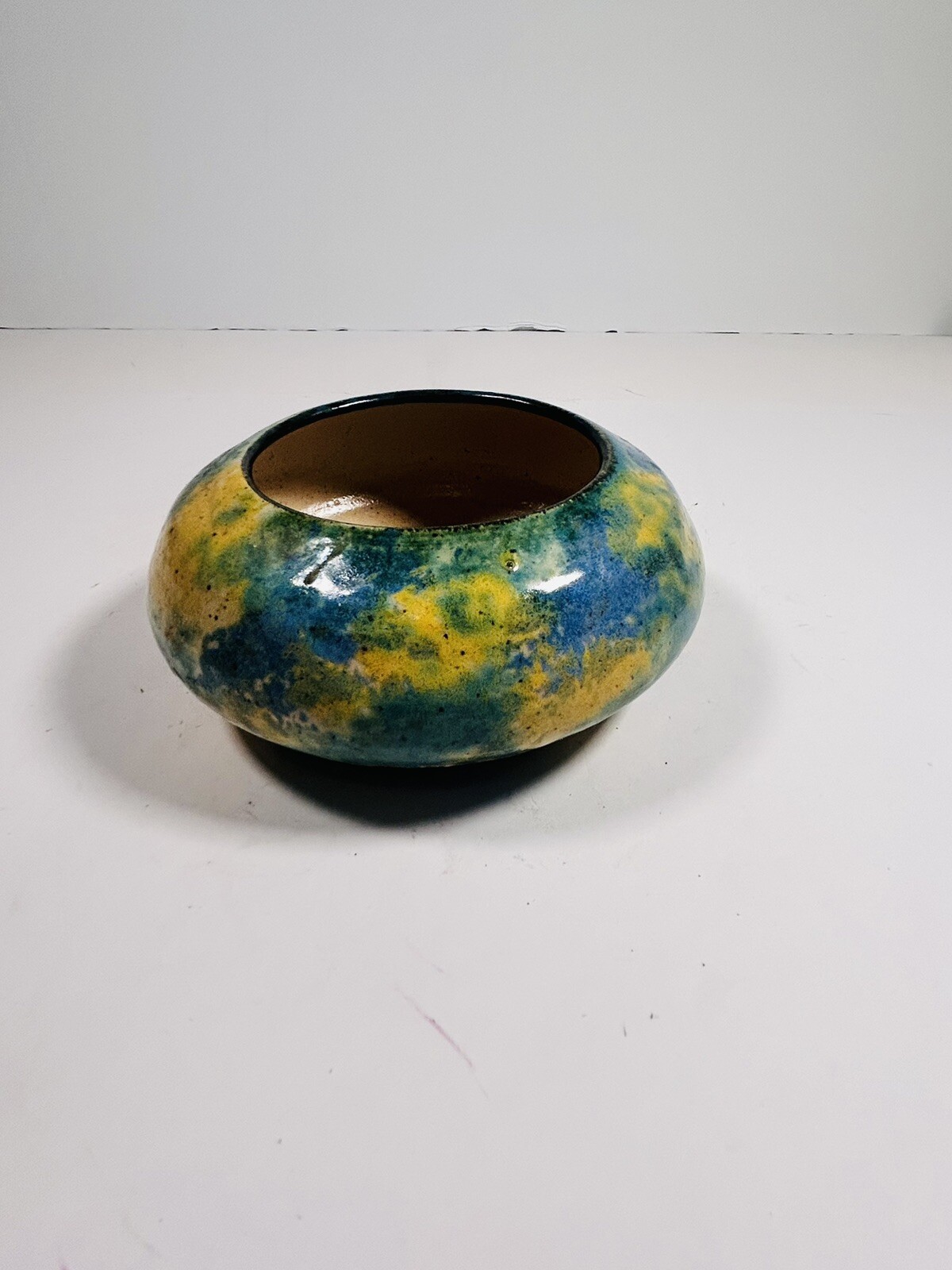 Studio Art Pottery Squat Vase Round Green Yellow Glaze Tan With Embossed Flower