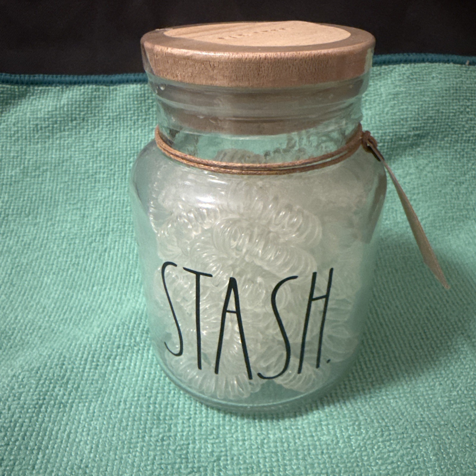 Rae Dunn “STASH” Glass Cellar With Wood Lid 25 Clear Spiral Hair Ties NWT