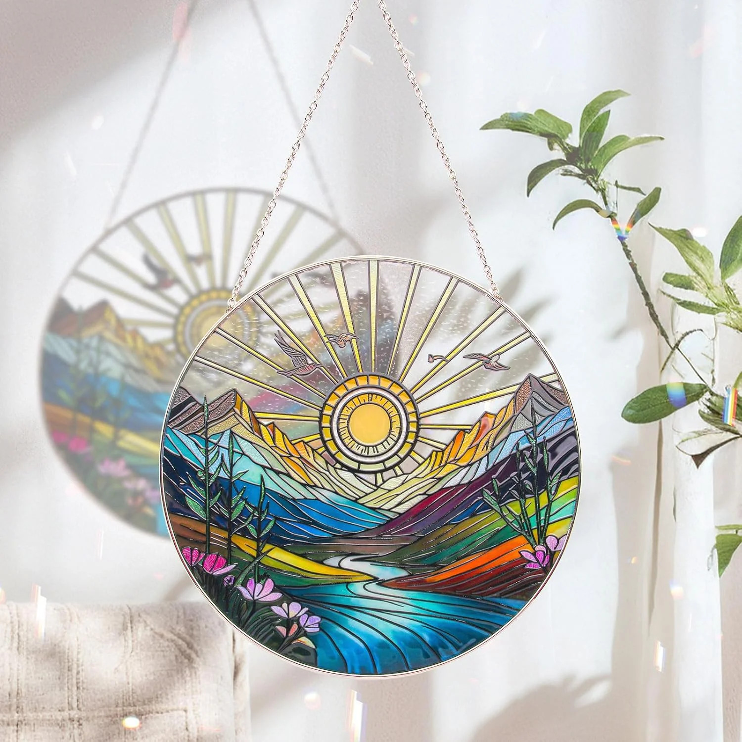 Sun Mountains Stained Glass Window Hanging, Sunrise & Sunset Design, Round Stain