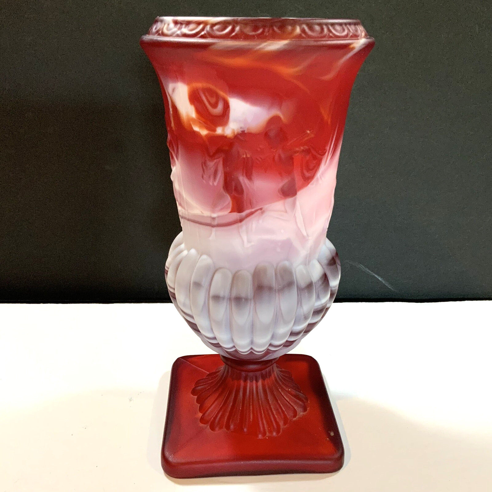 Vintage Imperial Slag Glass Red White Vase Square Base 8 1/2 in Tall READ