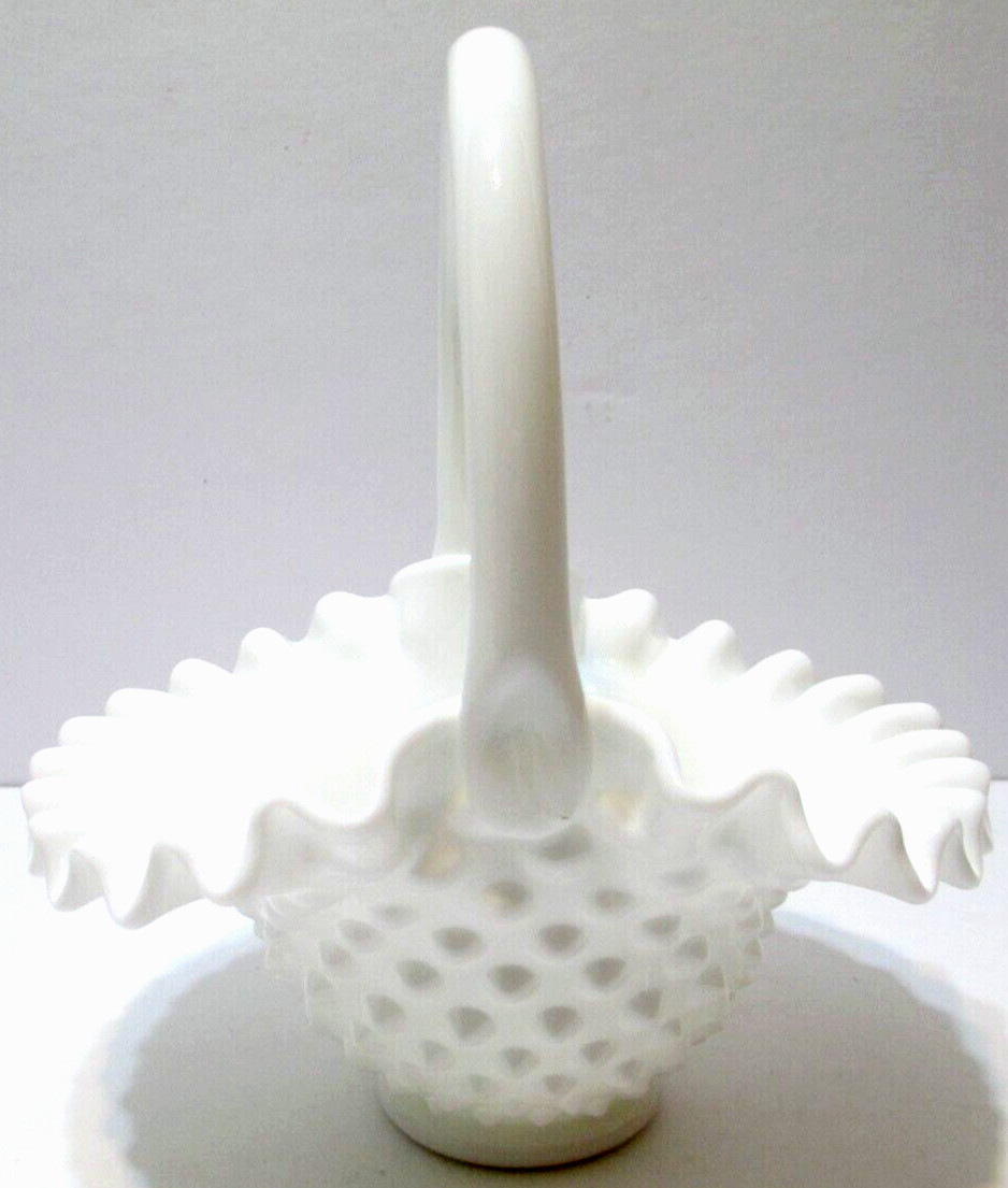 Vintage Fenton Glass Basket Hobnail White Milk Glass 7 5/8″ Tall #3