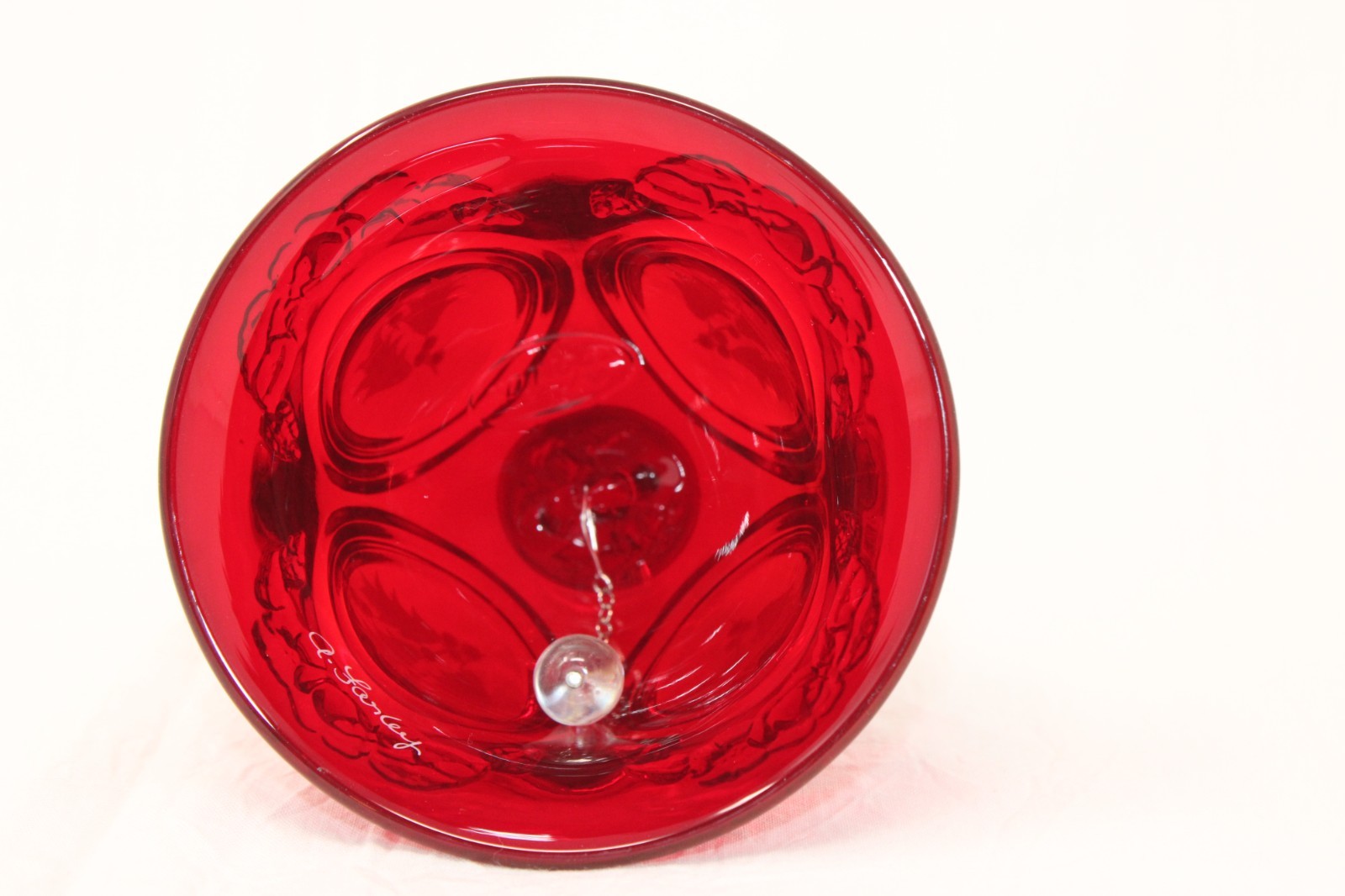 FENTON Ruby Red Iced White Holly Medallion Christmas Bell SIGNED, 6.75″ Tall EC