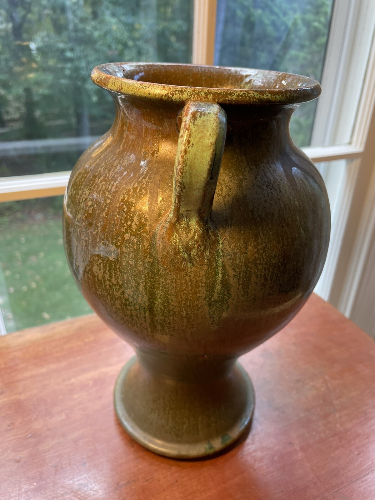 Vintage N. Carolina Pottery A. R. Cole Green Rutile Glaze Vase Handles 10 1/4 “