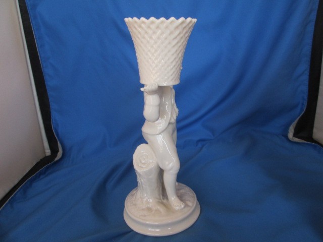 Belleek Victorian Boy and Girl Basket Candle Holders Ireland 6th & 7th Mark Vtg
