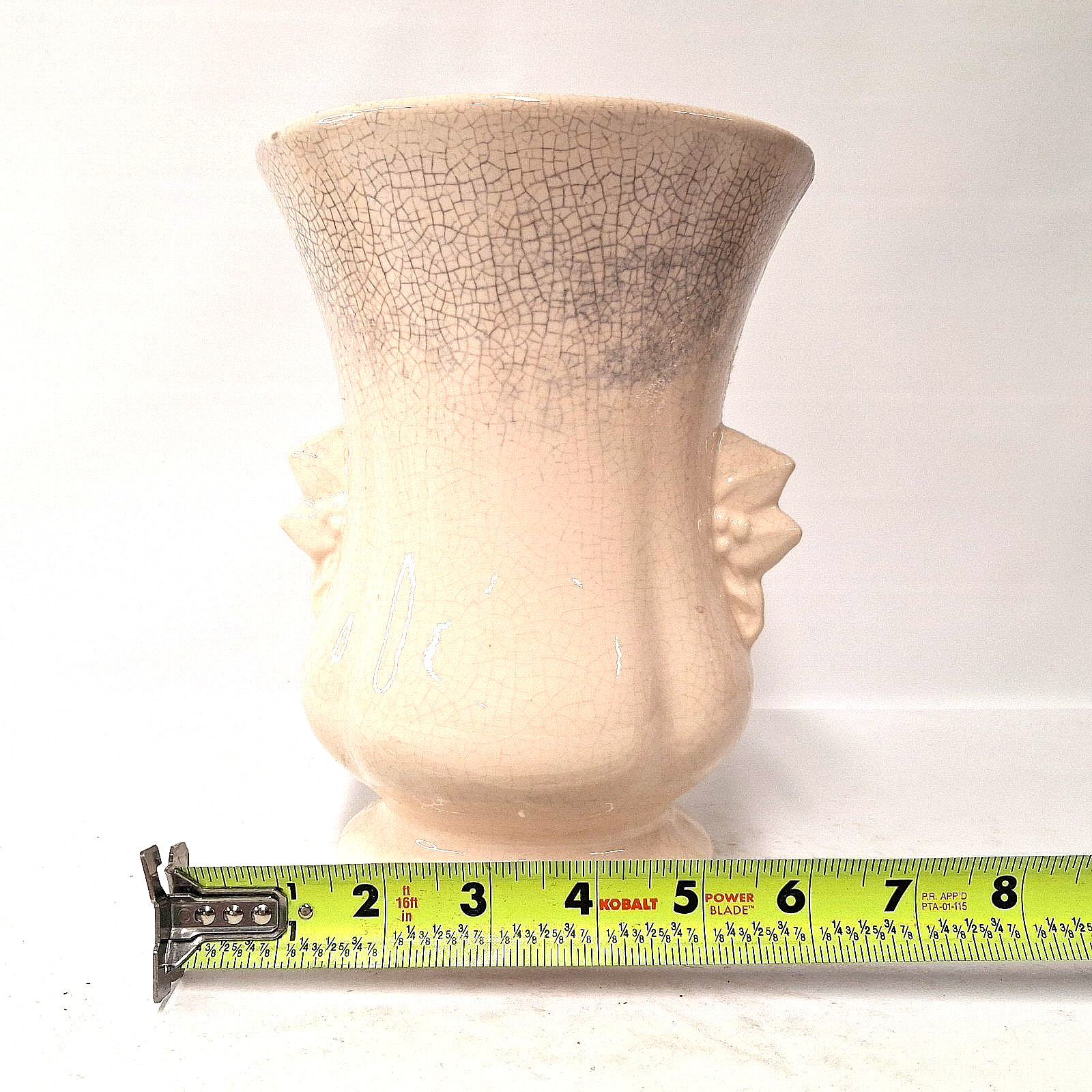Vintage Crackle Glaze Urn Vase Figural Face Handles Ivory Art Pottery MCM Decor