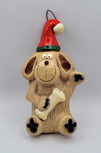Vintage Christmas Dog Ornament Nancy Ecklund Pottery Stoneware Santa Puppy Smile
