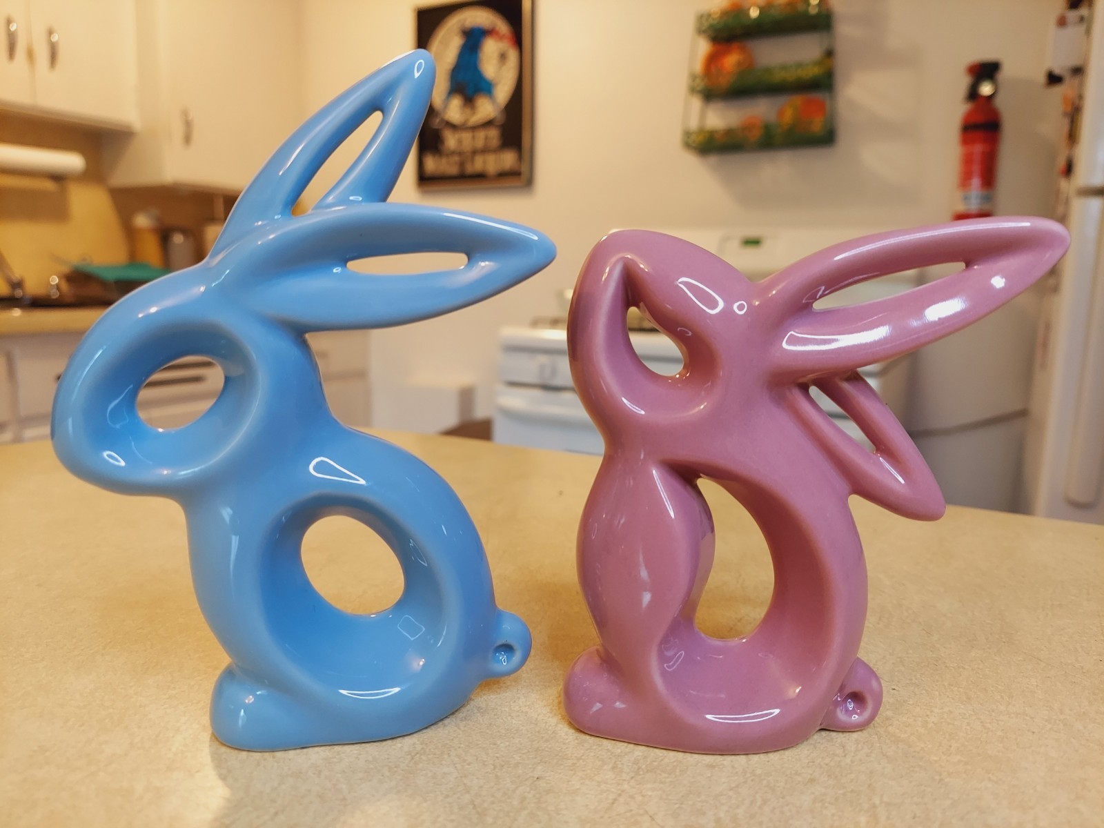 Lot of 3 Vintage MCM Bunny Easter Rabbit Ceramic Blue Pink Yellow Figurine 5.75″