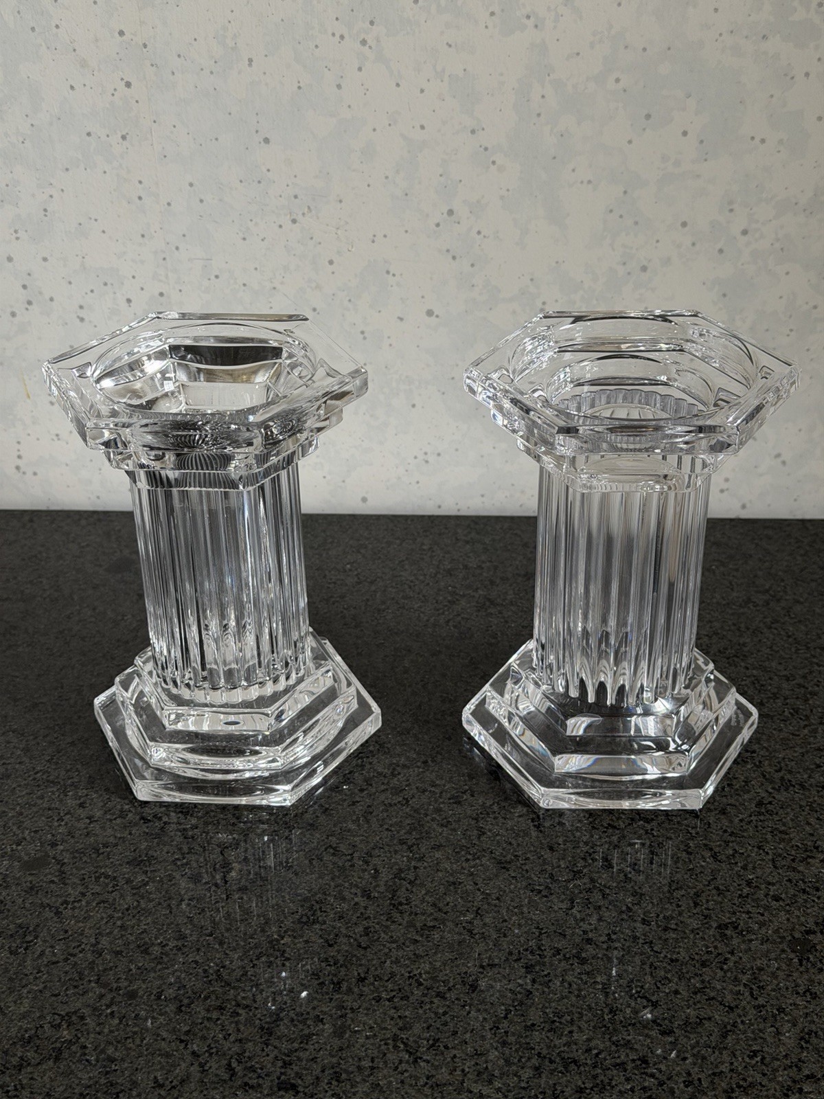 Vintage Marquis by Waterford Crystal Pillar Triumphe Candle Holder Pair 6”