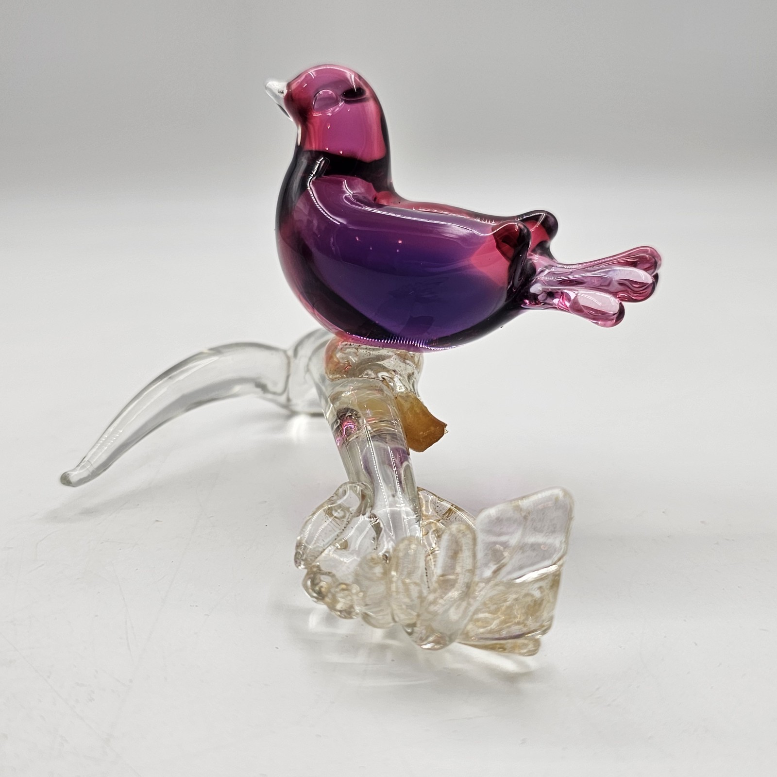 Murano Hand Blown Art Glass Bird Sculpture on Gold Fleck Branch Figurine 3.50 in