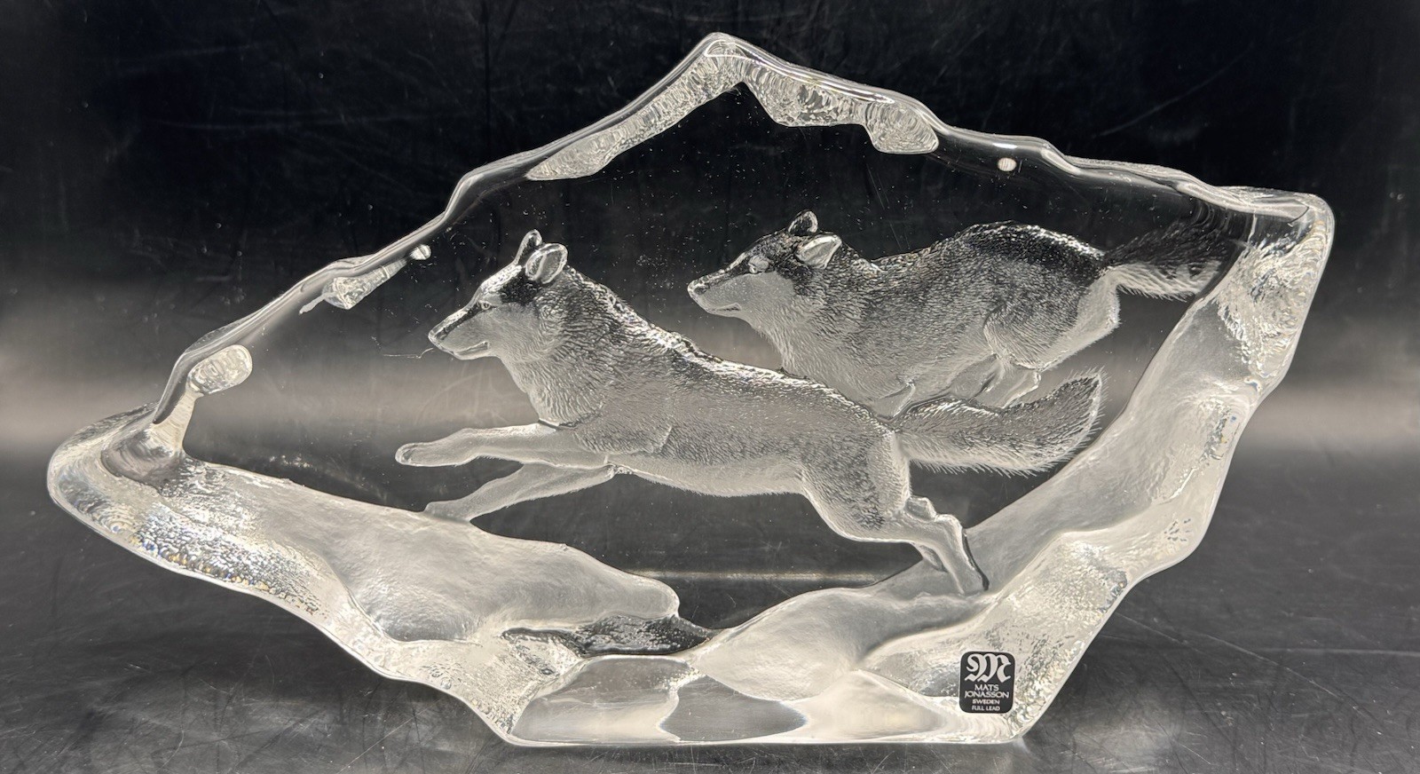 Mats Jonasson Wolves Crystal Sculpture Sweden Signed Full Lead 3D Art Etched