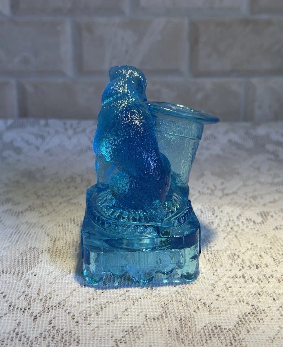 Antique Belmont Dog & Top Hat Toothpick Holder Blue Glass Figural 1887 EAPG