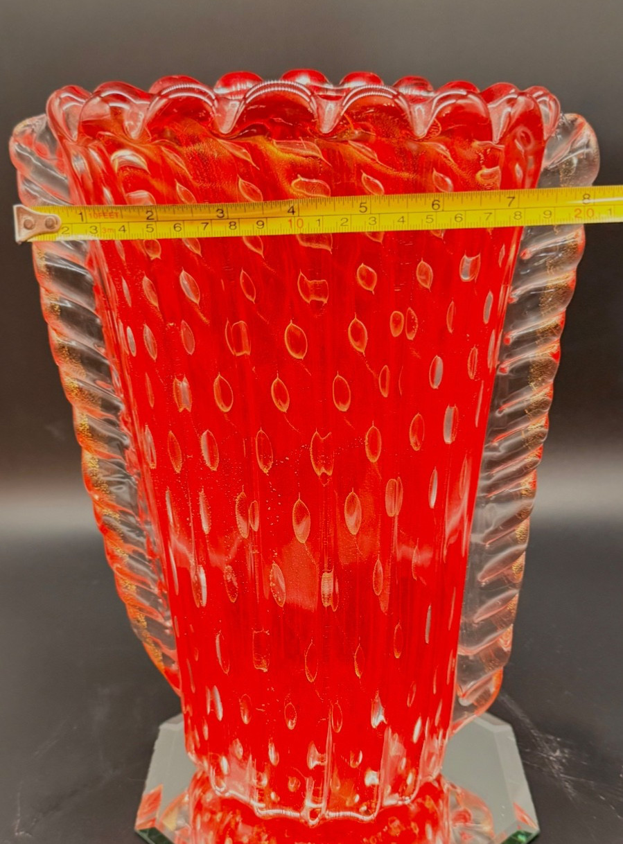 Barovier & Toso Murano Art Glass Vase Red Bullicante Gold Flecks 14″ Unsigned