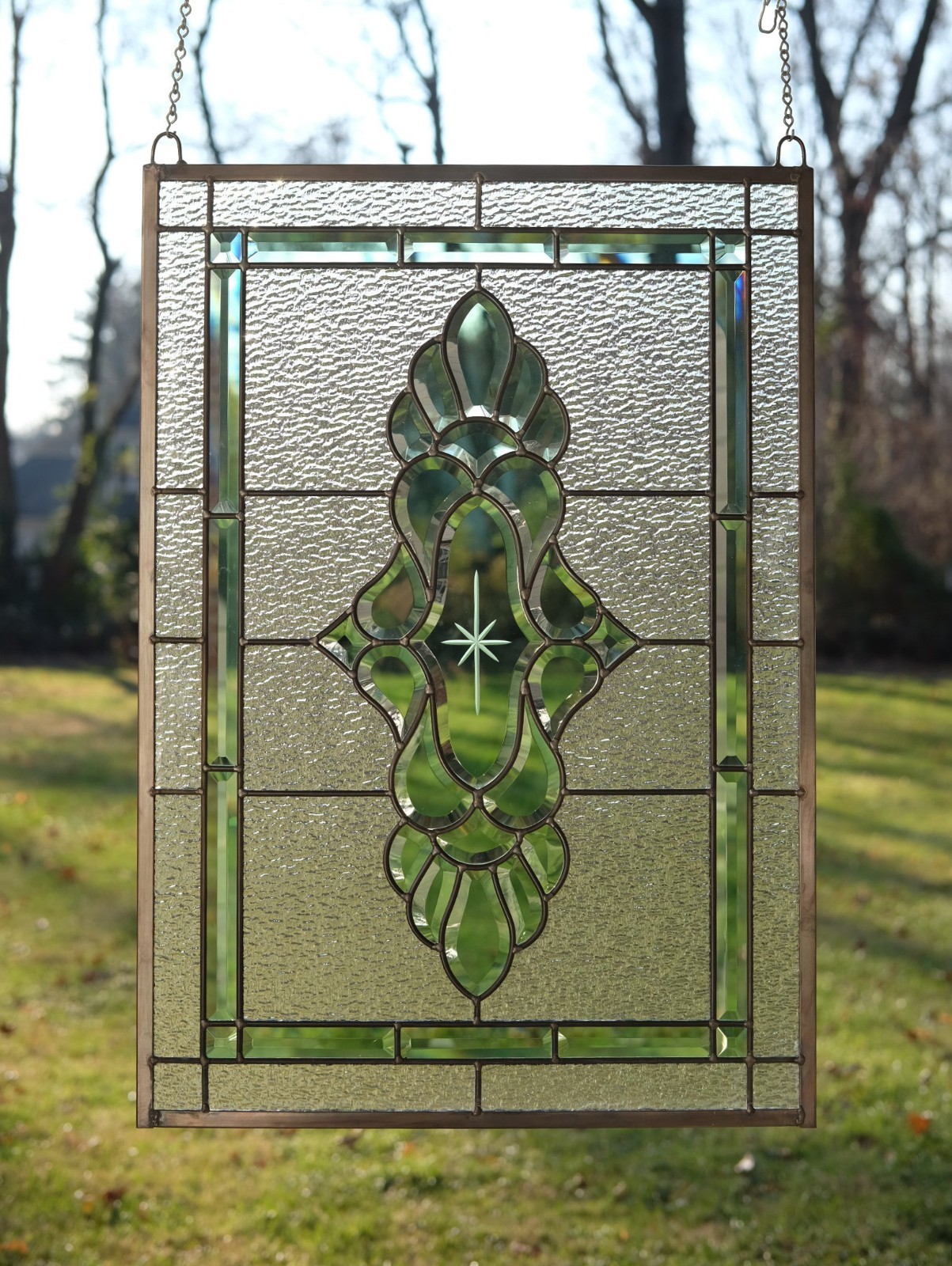 Stained glass green transparent Clear Beveled window panel 19″ x 27″