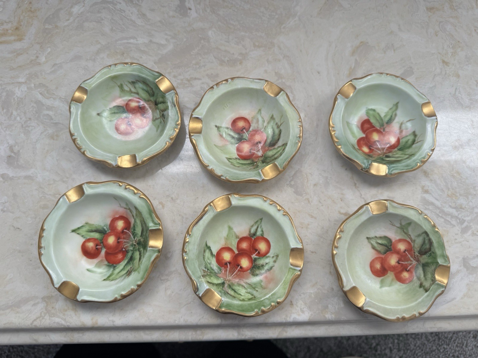 Vintage RS Germany Porcelain Ashtray Set (6) Hand Painted Cherries Gold Trim
